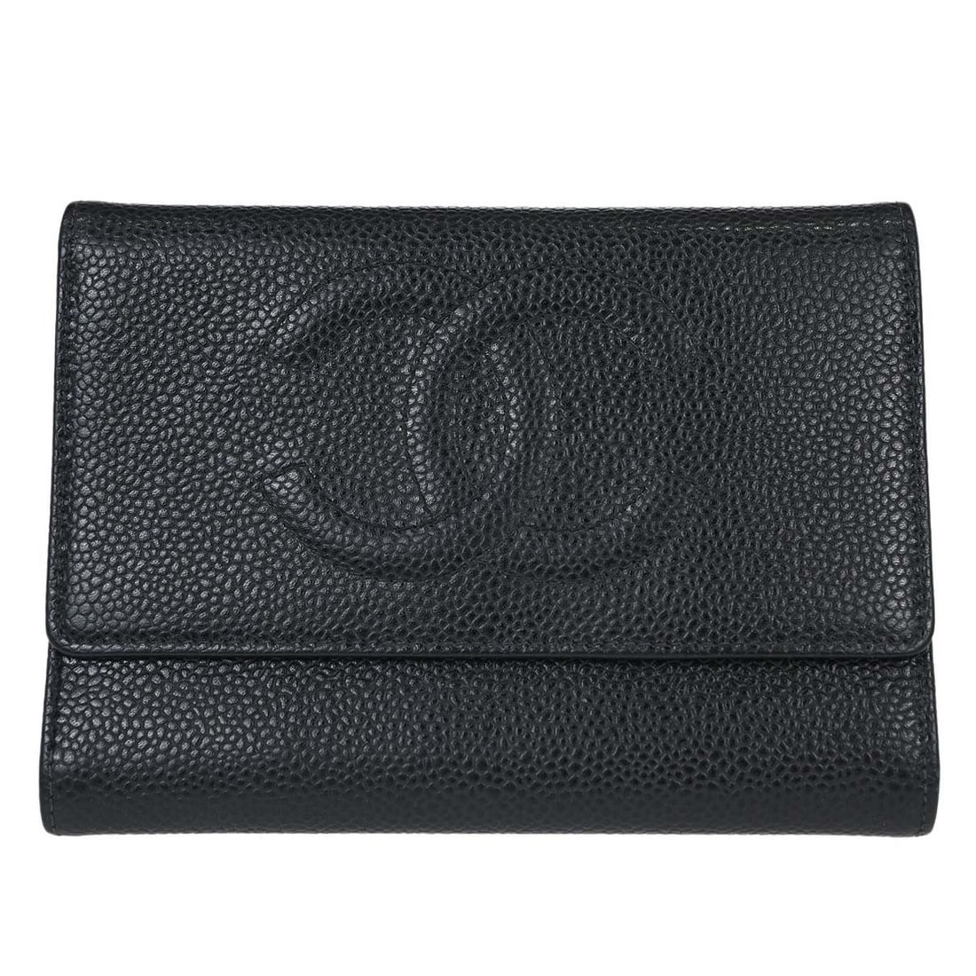 CHANEL Caviar Skin Leather Wallet Black Made in Italy: CHANEL Caviar Skin Leather Wallet Black Made in Italy Chanel black caviar skin leather wallet for women with logo accents. This wallet features an exterior zipper pocket along with multiple interior p