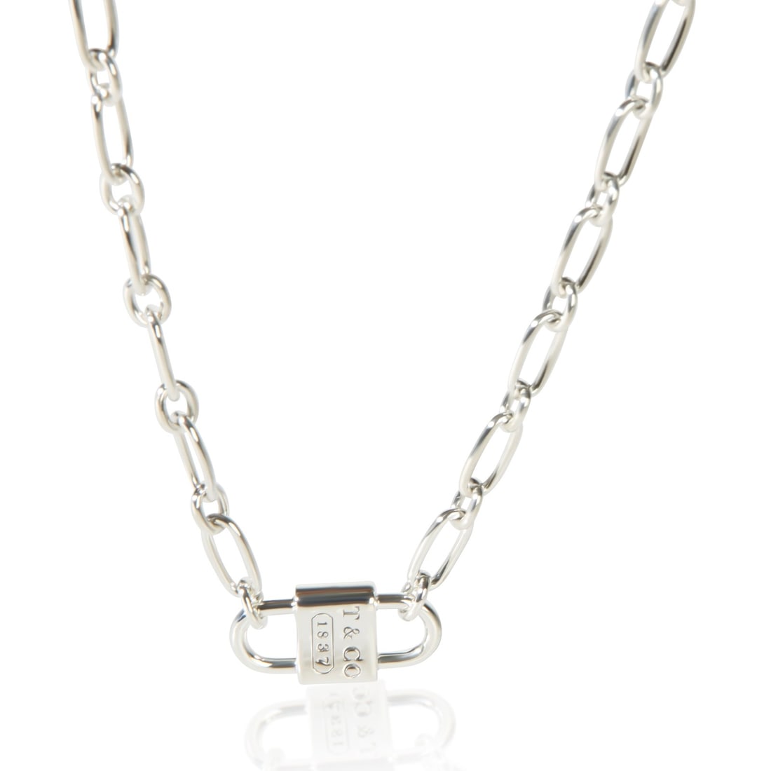 Tiffany & Co. 1837 Small Double Lock Sterling Silver Necklace 18 in: Tiffany & Co. 1837 Small Double Lock Sterling Silver Necklace 18 in Pre-owned Tiffany & Co. 1837 Small Double Lock necklace in sterling silver. This unisex necklace features a lobster claw clasp and c