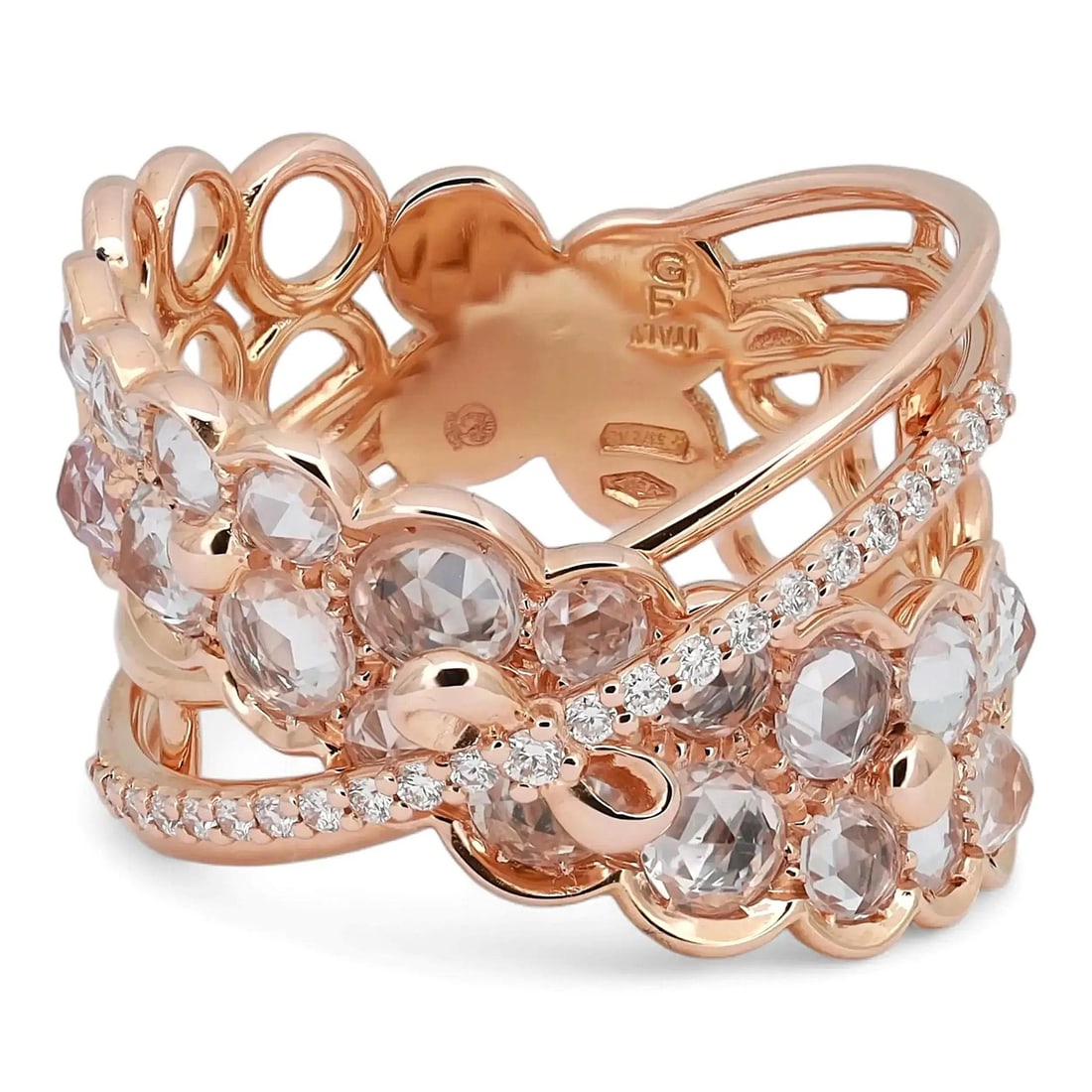 Giovanni Ferraris 18K Rose Gold White Sapphire Diamond Ring: Giovanni Ferraris 18K Rose Gold White Sapphire Diamond Ring This Giovanni Ferraris cocktail ring is crafted in 18K rose gold and features a crisscross design. It is adorned with 2.32 carats of natural