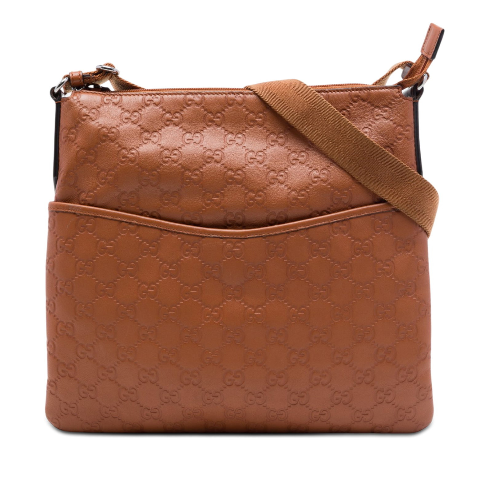 Gucci Guccissima embossed leather crossbody messenger bag brown: Gucci Guccissima embossed leather crossbody messenger bag brown Guccissima flat messenger bag in brown embossed leather with an adjustable flat strap, top zip closure, exterior front slip compartment 