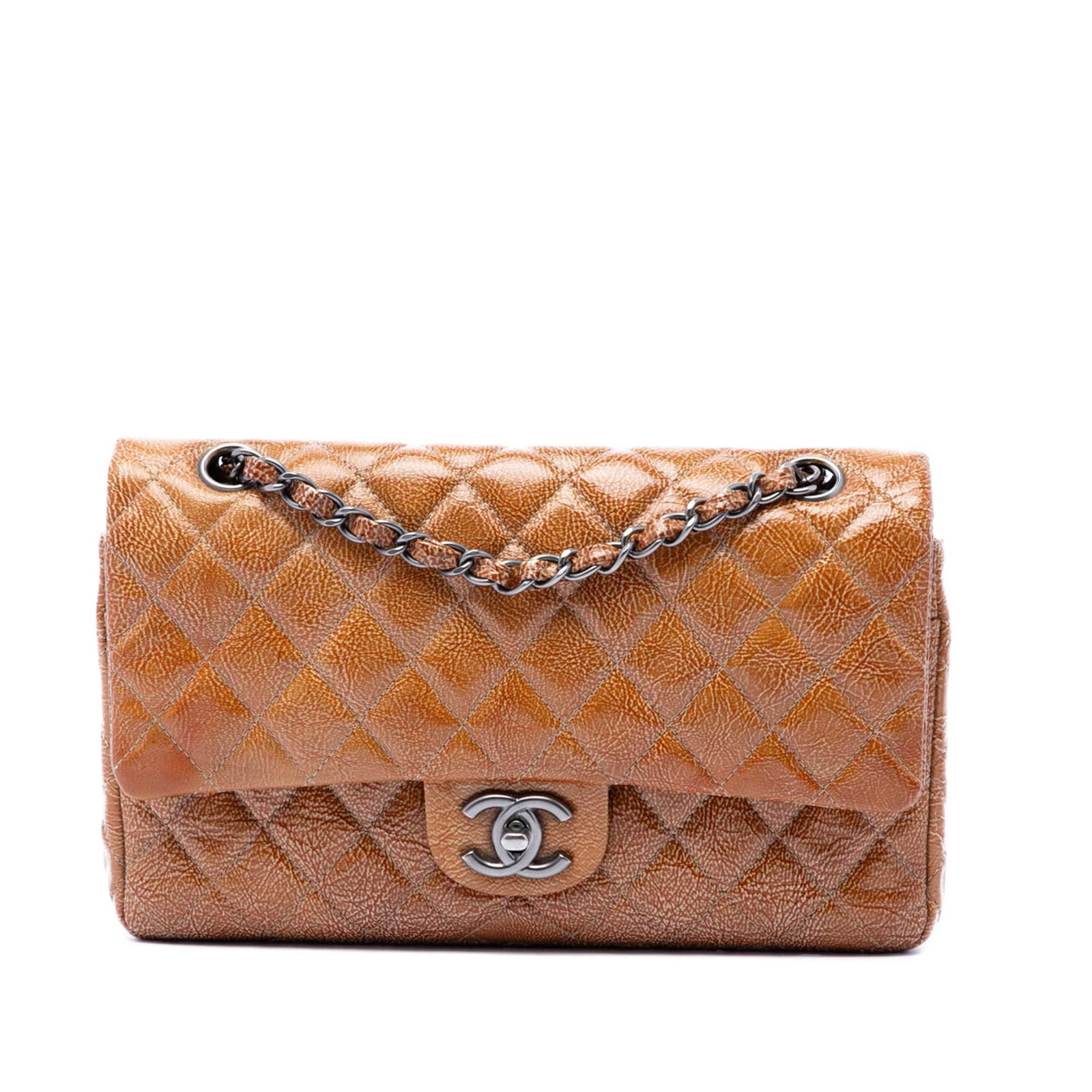 Chanel Medium Classic Double Flap Shoulder Bag Brown Leather: Chanel Medium Classic Double Flap Shoulder Bag Brown Leather Chanel Medium Classic Crinkled Patent Double Flap shoulder bag in brown leather. This bag features a quilted leather body, leather-woven ch