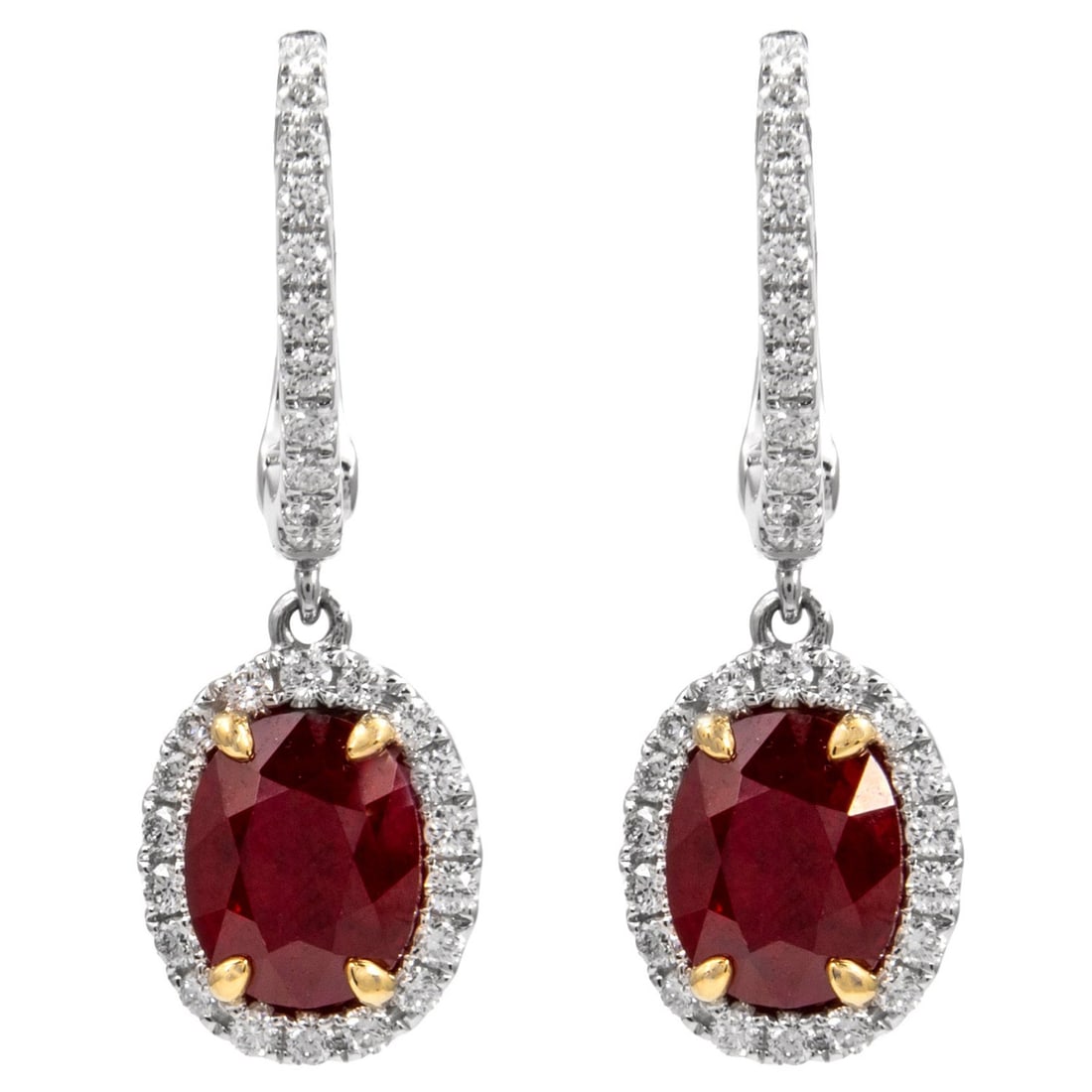 4.20ct Oval Burmese Ruby Diamond Earrings 18k White Gold: 4.20ct Oval Burmese Ruby Diamond Earrings 18k White Gold Discover the exquisite elegance of these contemporary drop earrings featuring GIA certified 4.20 ct oval Burmese rubies, complemented by 58 rou
