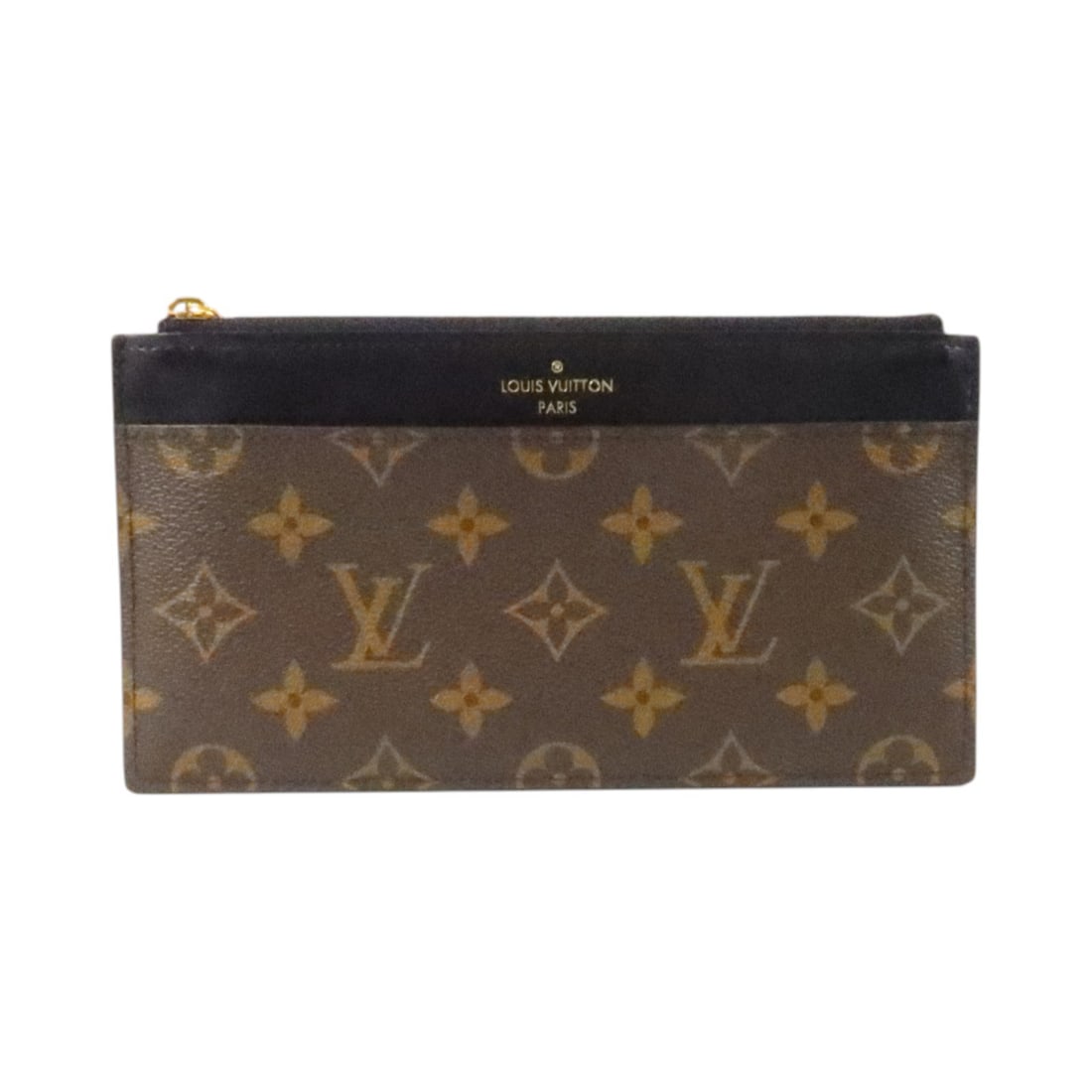 Louis Vuitton M80348 bifold purse monogram canvas and calfskin brown black: Louis Vuitton M80348 bifold purse monogram canvas and calfskin brown black Slim bifold purse in Louis Vuitton monogram PVC coated canvas with calfskin trim in a brown and black colorway. The purse fea