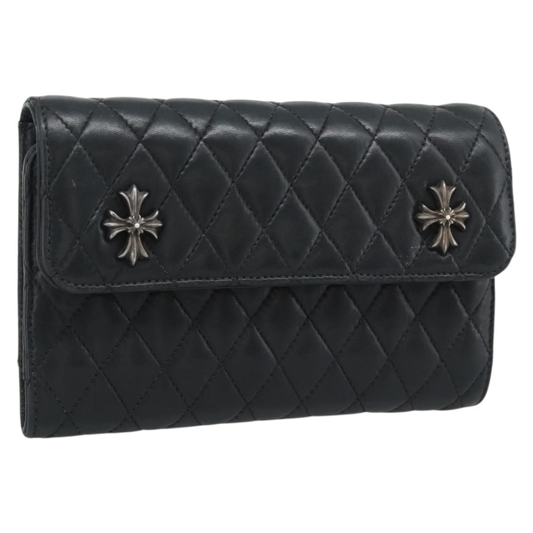 Chrome Hearts Wave4 3 Snap Quilted Leather Long Wallet Black: Chrome Hearts Wave4 3 Snap Quilted Leather Long Wallet Black Authentic Chrome Hearts Wave4 3-snap quilted long wallet in black leather with silver-tone accents. This women's long wallet features a sli