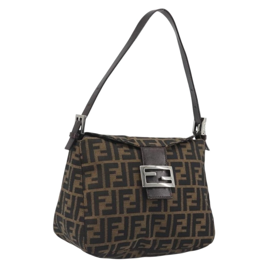 Fendi Mamma Baguette Shoulder Bag in Brown Zucca Canvas: Fendi Mamma Baguette Shoulder Bag in Brown Zucca Canvas Authentic FENDI Mamma Baguette shoulder bag in brown Zucca canvas with silver-tone accents. This women's shoulder bag is made in Italy and featu