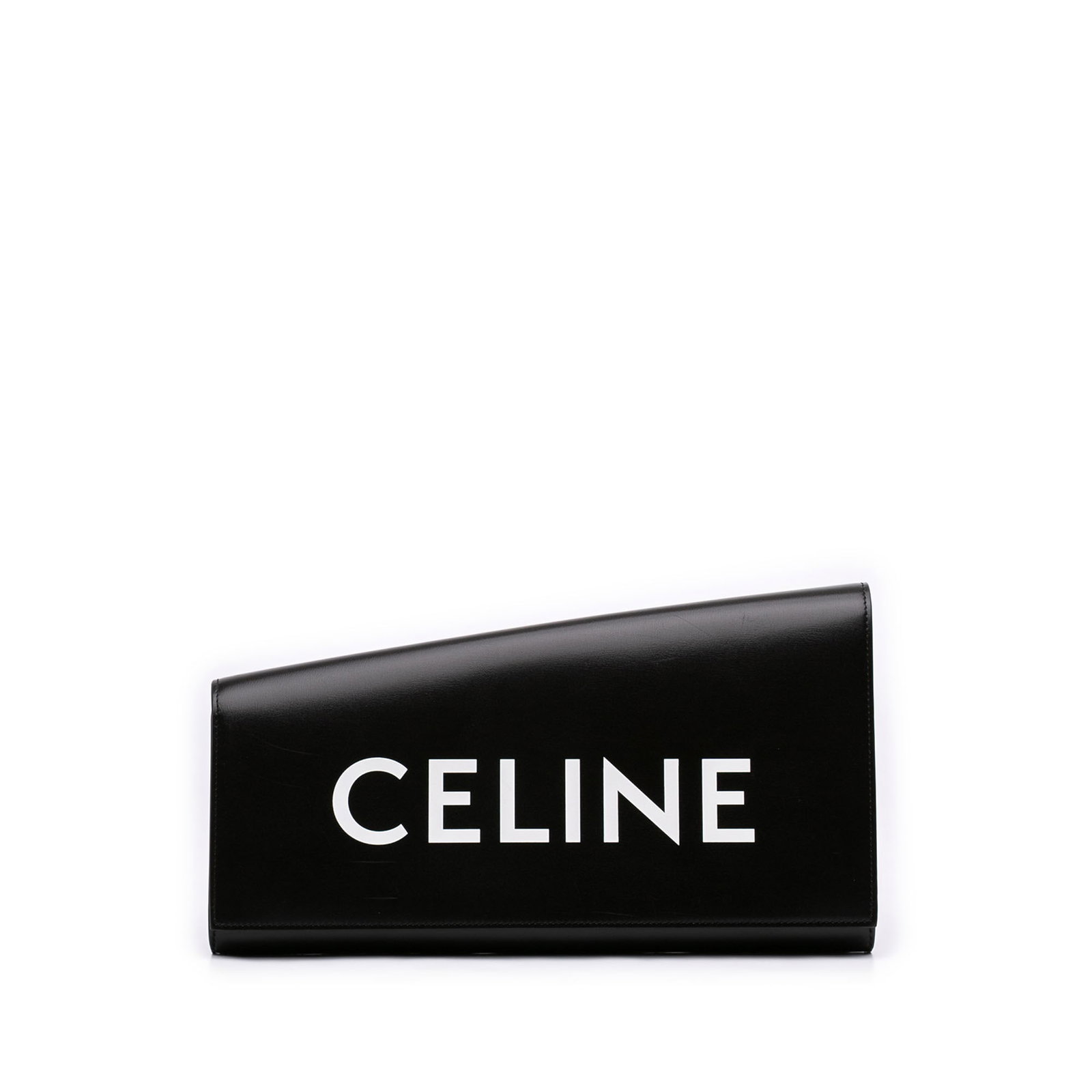 Celine Asymmetric Logo Leather Clutch Bag Black: Celine Asymmetric Logo Leather Clutch Bag Black Celine asymmetric logo clutch crafted in black leather with a front flap and magnetic snap closure. The interior includes a zip pocket. Condition AB wit