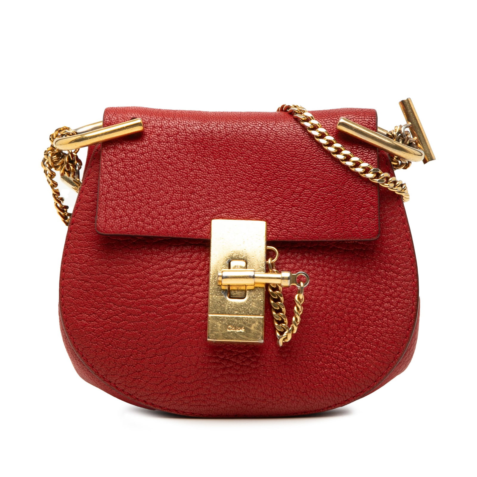 Chloe Drew Nano Grained Lambskin Leather Crossbody Bag Red: Chloe Drew Nano Grained Lambskin Leather Crossbody Bag Red Chloe Nano Drew crossbody bag crafted in grained lambskin leather. This compact bag features a chain-link strap, a front flap with pin-lock c