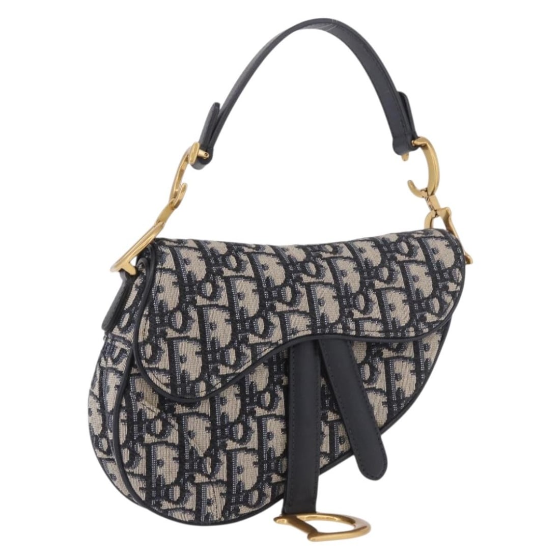 Christian Dior Saddle Shoulder Bag in Navy Gold Trotter Canvas: Christian Dior Saddle Shoulder Bag in Navy Gold Trotter Canvas Christian Dior shoulder bag in Trotter Canvas with a navy and gold colorway. It comes with a dust bag and was made in Italy. The bag is d