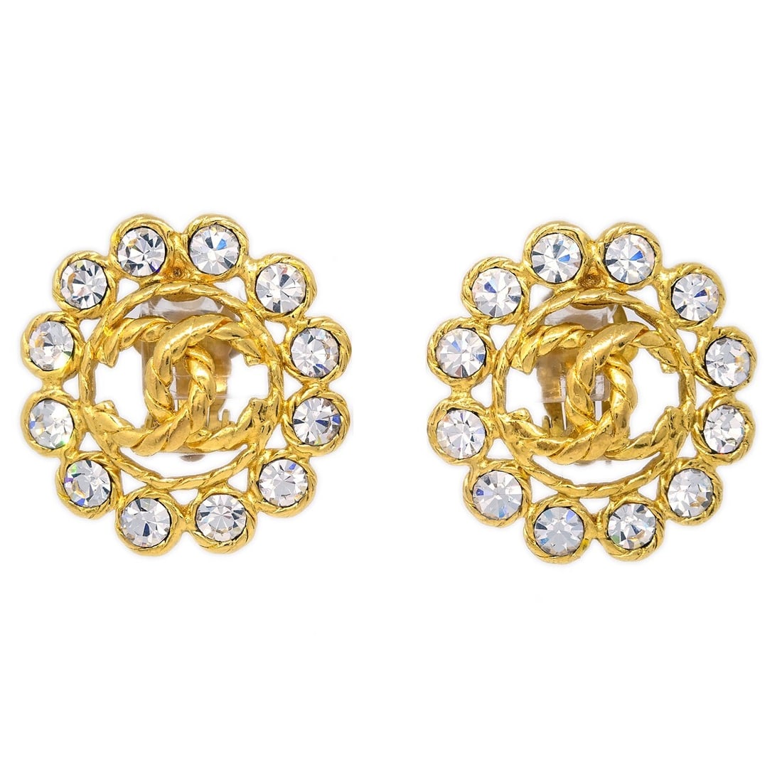 CHANEL Round Clip-On Button Earrings Gold Plated Rhinestone: CHANEL Round Clip-On Button Earrings Gold Plated Rhinestone Clip-on Chanel button earrings with a round silhouette, gold-plated finish, and rhinestone detailing. Made in France, this pair presents in 