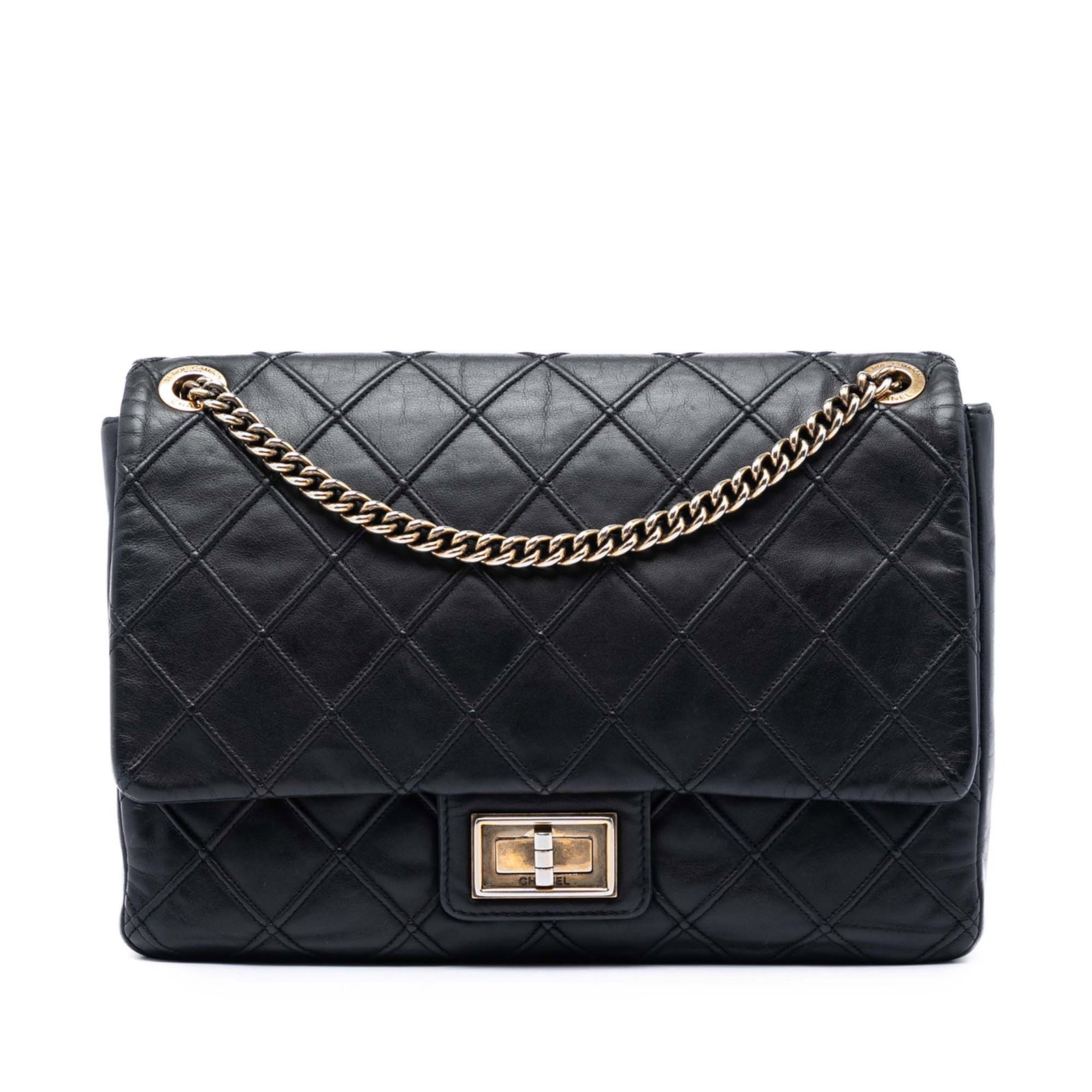Chanel Reissue 2.55 Cosmos Flap Large Black Calfskin Shoulder Bag: Chanel Reissue 2.55 Cosmos Flap Large Black Calfskin Shoulder Bag Chanel Large Diamond Debossed Calfskin Reissue 2.55 Cosmos Flap shoulder bag in black leather, made in Italy. It features a debossed c