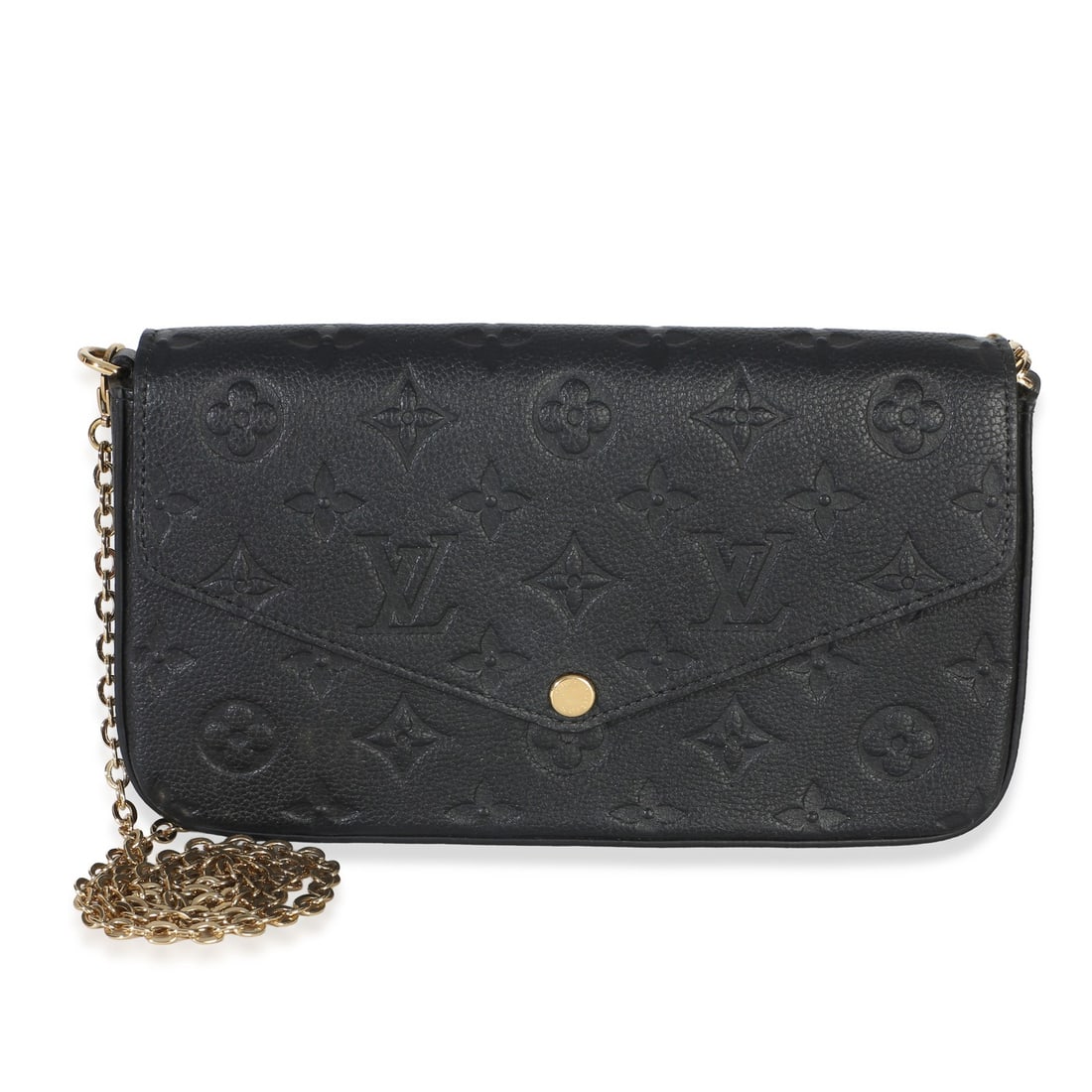 Louis Vuitton Felicie Pochette black Empreinte leather shoulder bag: Louis Vuitton Felicie Pochette black Empreinte leather shoulder bag Louis Vuitton Felicie Pochette in black Monogram Empreinte leather with a snap closure and fabric lining. This pre-owned shoulder ba