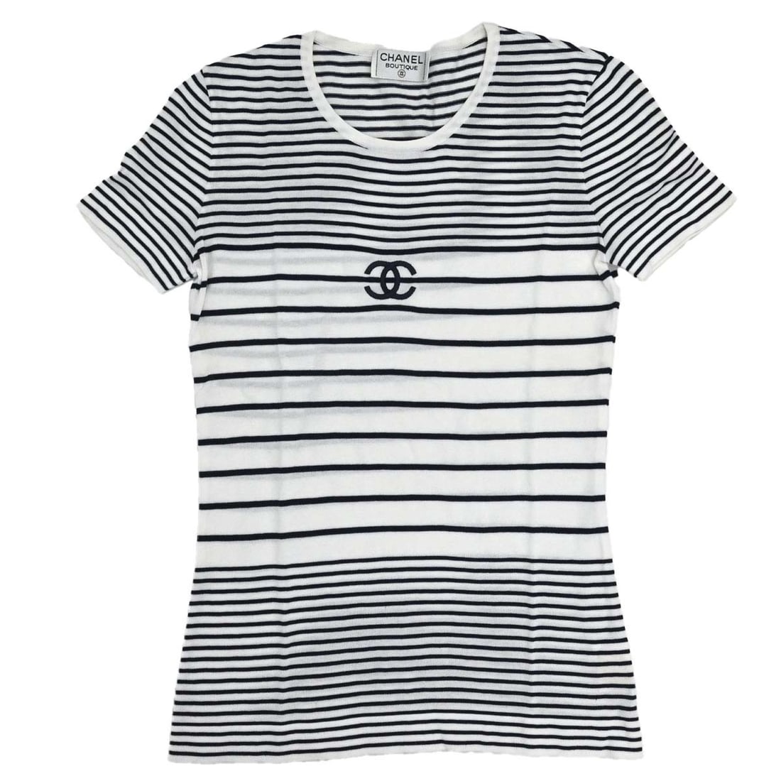 CHANEL Cotton T Shirt White Black Logo Short Sleeve Size 36: CHANEL Cotton T Shirt White Black Logo Short Sleeve Size 36 Chanel short sleeve border top in white and black cotton with a round neckline, regular fit, and logo accent. This women's top is made from 
