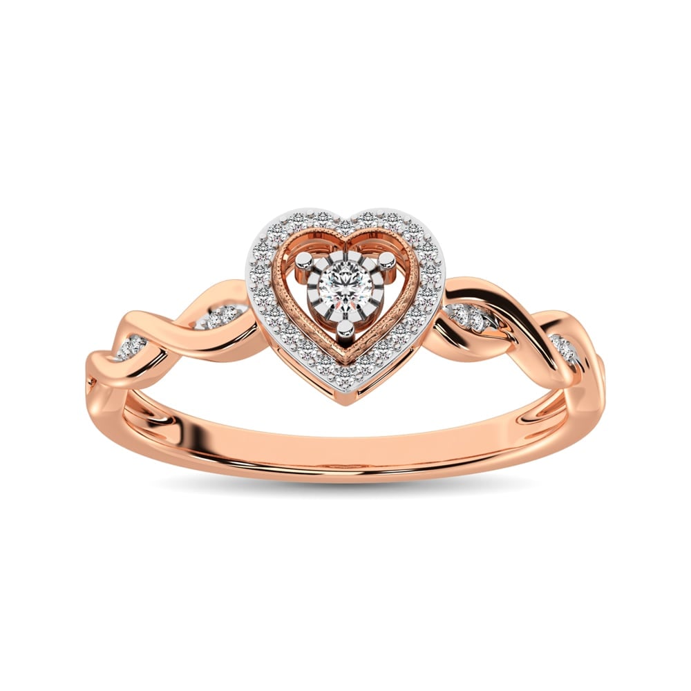 10K Rose Gold Diamond 1/10 Ct.Tw. Heart Ring: 10K Rose Gold Diamond 1/10 Ct.Tw. Heart Ring This Lovely Heart Ring is available in 10K Rose Gold. There are 31 round diamonds with a total carat weight of 1/10 Ct.Tw. set in a Prong setting. 10k Rose