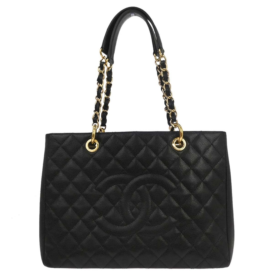 CHANEL GST Grand Shopping Tote Black Caviar Leather Chain Bag: CHANEL GST Grand Shopping Tote Black Caviar Leather Chain Bag Chanel Grand Shopping Tote GST chain handbag in black caviar skin leather. This large tote features double handles, logo accents, an exter
