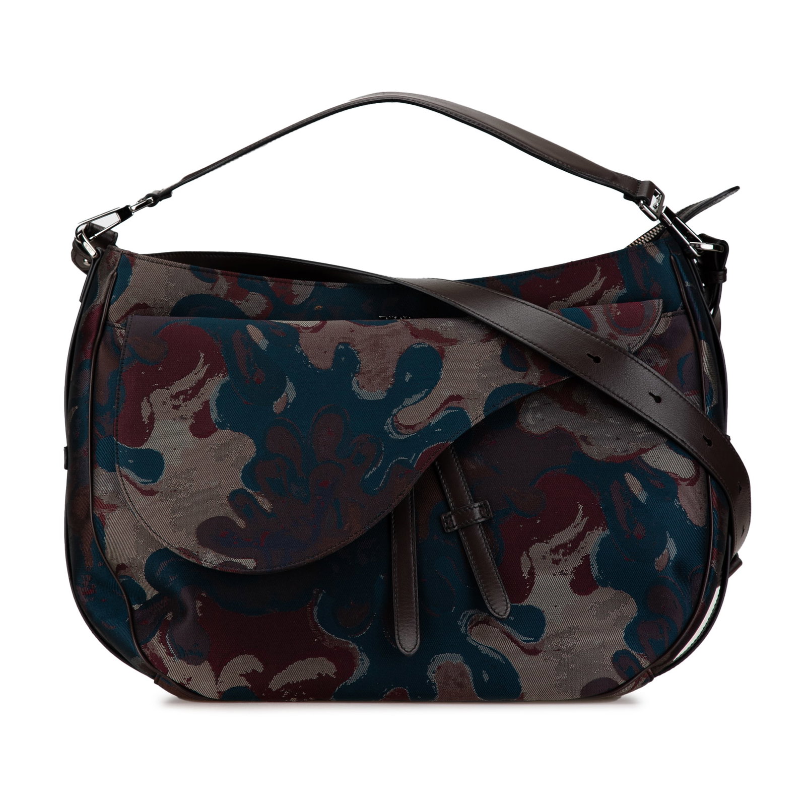 Dior Peter Doig Camouflage Saddle Bag with Leather Trim: Dior Peter Doig Camouflage Saddle Bag with Leather Trim This Dior Peter Doig Denim Camouflage Soft Saddle Bag is a stylish accessory that combines functionality with artistic flair. Crafted with a pri
