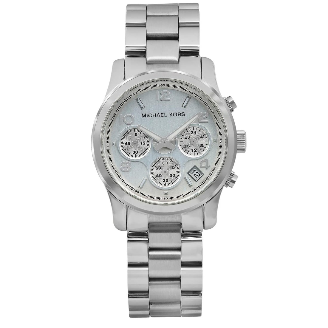Michael Kors MK5076 Runway womens chronograph watch silver dial steel: Michael Kors MK5076 Runway womens chronograph watch silver dial steel Pre-owned Michael Kors Runway ladies wristwatch with a silver dial and chronograph display. This analog watch features a round sta