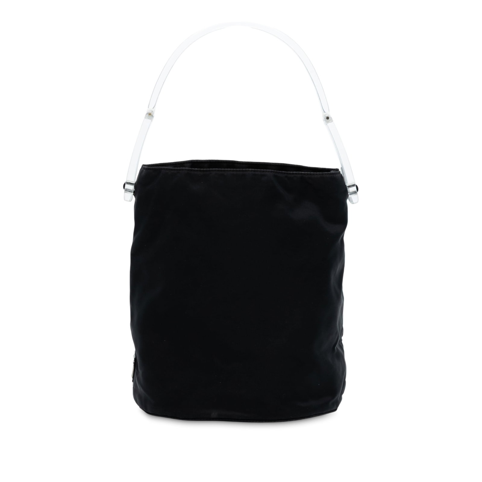 Prada Tessuto Black Nylon Bag with Acrylic Top Handle: Prada Tessuto Black Nylon Bag with Acrylic Top Handle This Prada Tessuto handle bag features a black nylon body with a plastic top handle, an open top design, and an interior zip compartment. The bag 