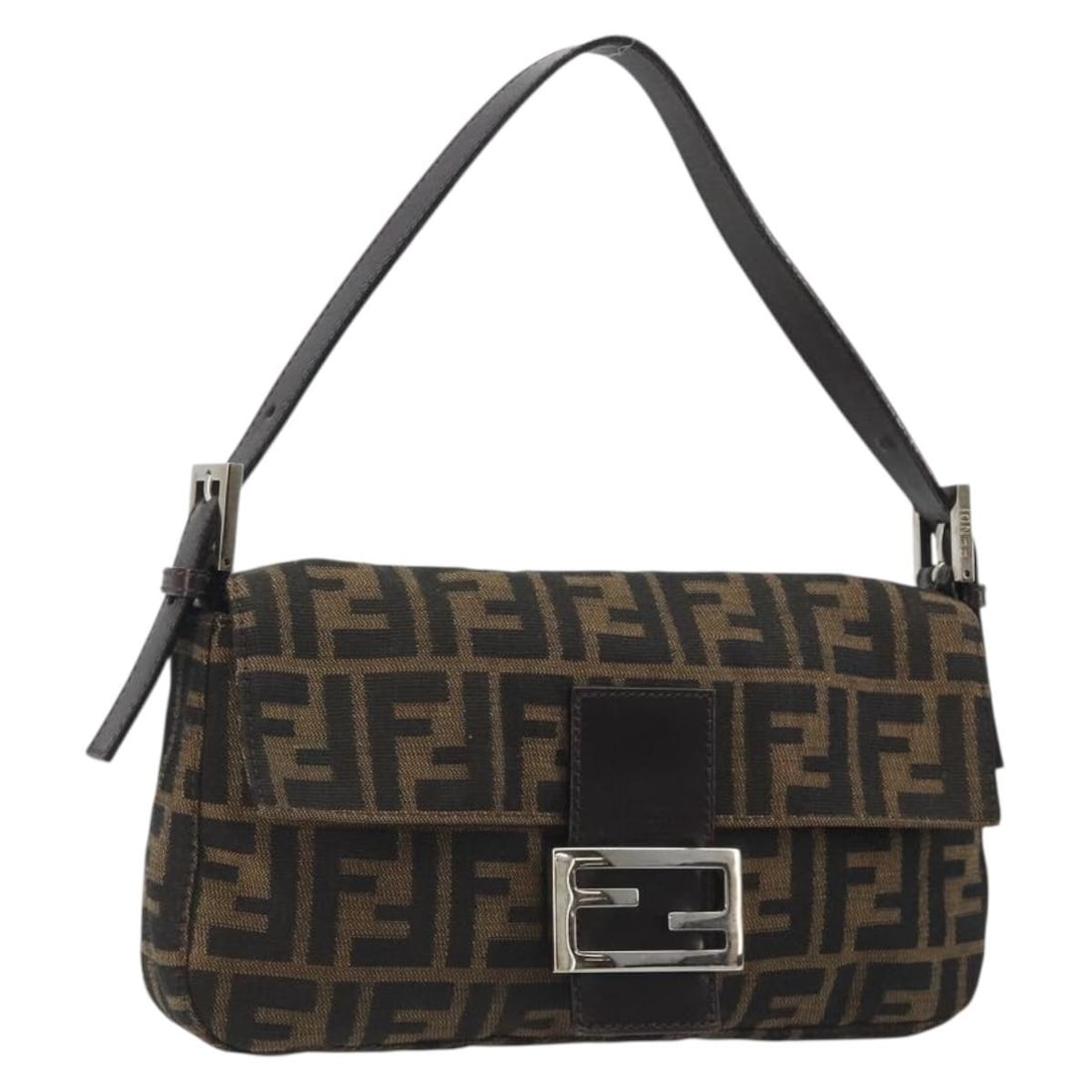 FENDI Mamma Baguette Brown Zucca Canvas Shoulder Bag: FENDI Mamma Baguette Brown Zucca Canvas Shoulder Bag Authentic FENDI Mamma Baguette shoulder bag in brown and silver Zucca canvas. This women's bag is made in Italy and features the classic compact si