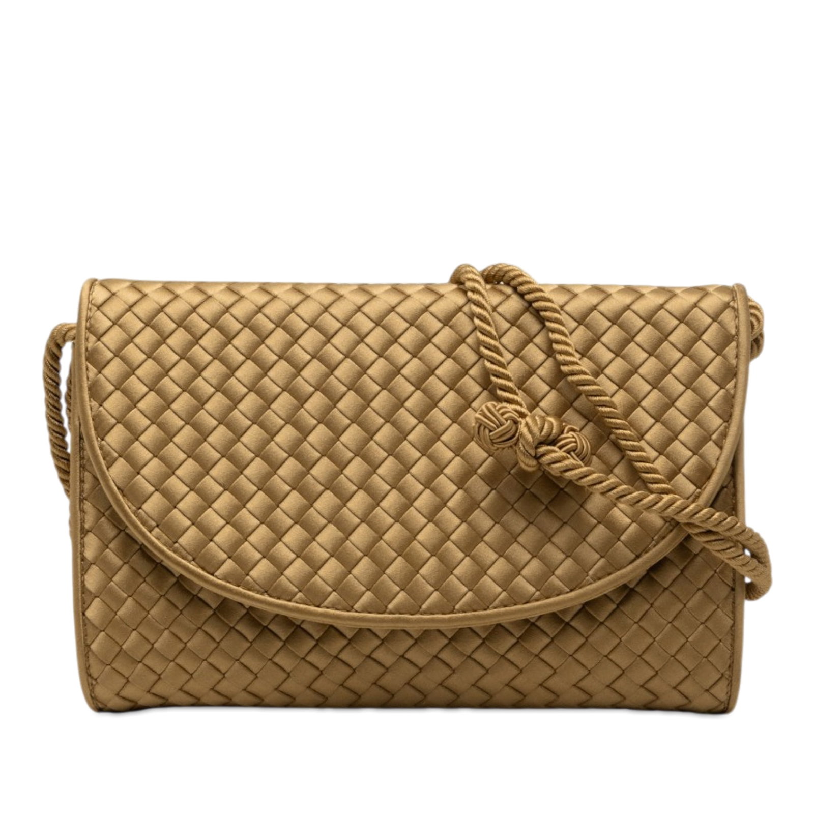 Bottega Veneta Intrecciato Satin Crossbody Flap Bag Gold: Bottega Veneta Intrecciato Satin Crossbody Flap Bag Gold Bottega Veneta Satin Intrecciato Flap Shoulder Bag in gold fabric with the brand's signature woven satin body. The bag features a rolled should