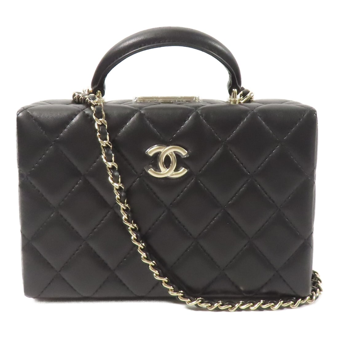 CHANEL AS5167 Small Box Chain 2Way Shoulder Bag Black Lambskin: CHANEL AS5167 Small Box Chain 2Way Shoulder Bag Black Lambskin CHANEL 2way shoulder bag in black lambskin (sheep leather) with a small box chain design and black frame color. It features an interior w