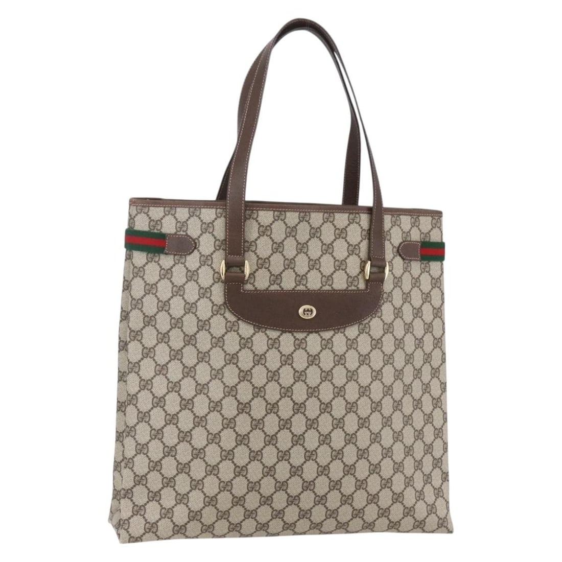 Beige PVC Vintage Tote Bag by Gucci GG Canvas Pattern: Beige PVC Vintage Tote Bag by Gucci GG Canvas Pattern This pre-owned Gucci vintage tote features the iconic GG canvas design in beige PVC, crafted for women. Made in Italy, the bag shows typical signs