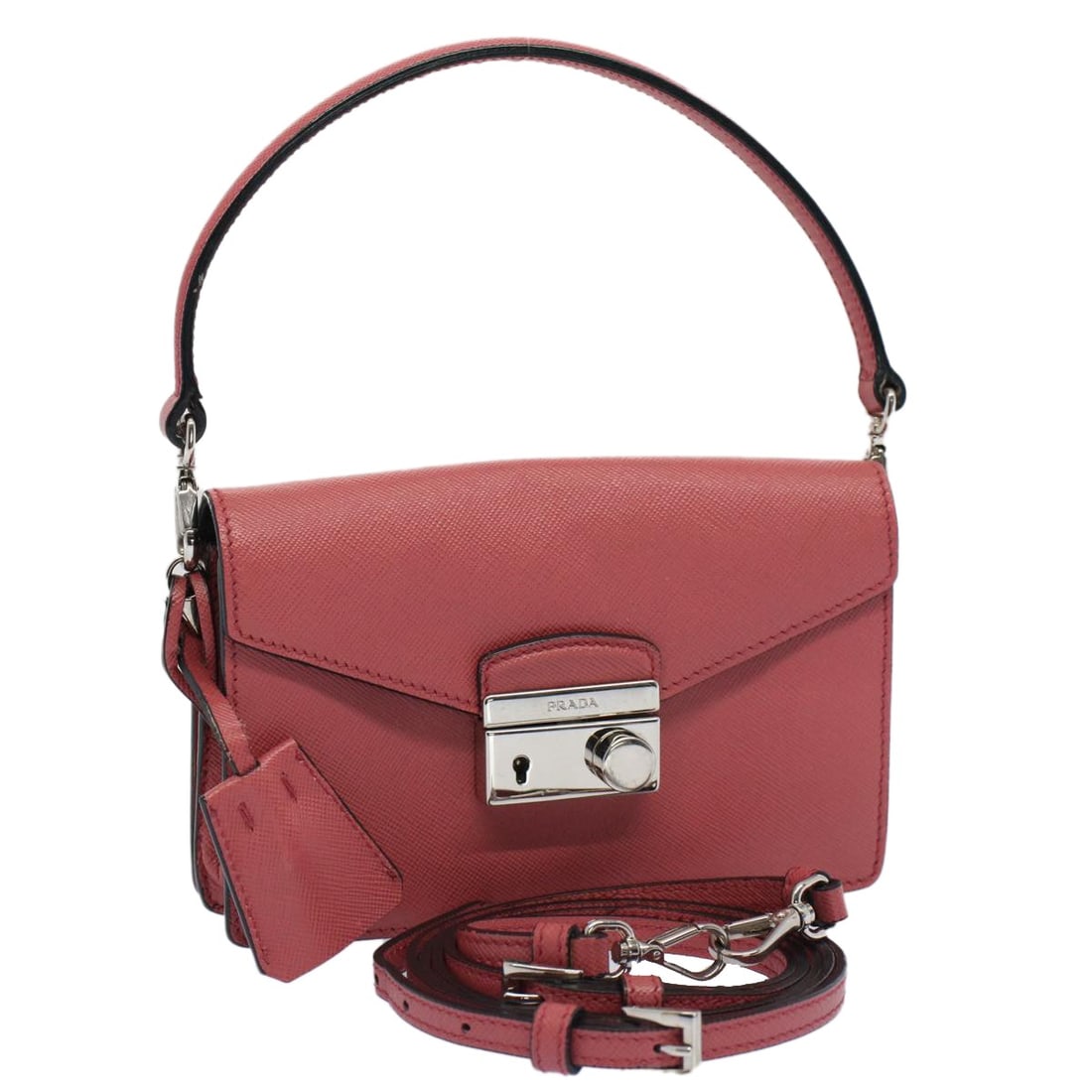 PRADA Saffiano Leather 2way Mini Hand Bag Pink Italy: PRADA Saffiano Leather 2way Mini Hand Bag Pink Italy This PRADA mini hand bag is crafted from Saffiano leather in pink and is designed as a 2-way style. It comes with a shoulder strap and includes the
