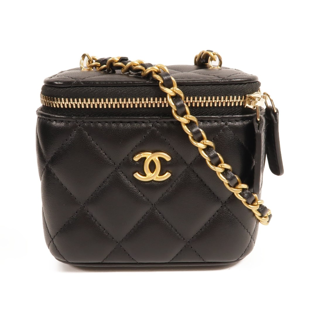CHANEL CC Mini Vanity Case Shoulder Bag Black Lambskin Gold Ball: CHANEL CC Mini Vanity Case Shoulder Bag Black Lambskin Gold Ball Mini Chanel vanity case shoulder bag in black lambskin leather with CC detailing and a gold ball accent. This women's shoulder bag is m