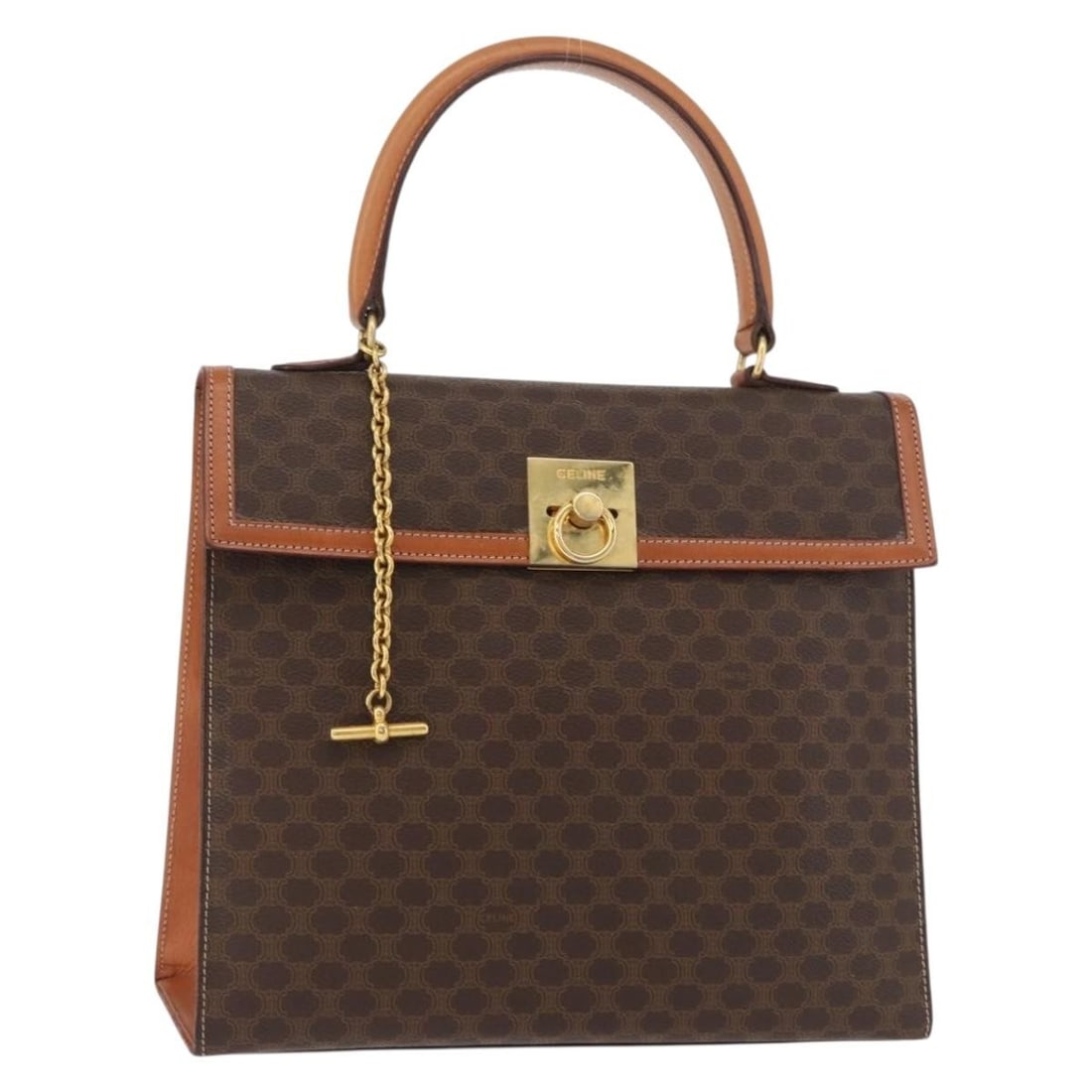 CELINE Macadam Hand Bag Brown PVC Leather Gold Tone: CELINE Macadam Hand Bag Brown PVC Leather Gold Tone Celine Macadam canvas hand bag in brown with gold-tone accents, crafted from PVC leather and made in Italy. This women's bag shows reasonable wear c