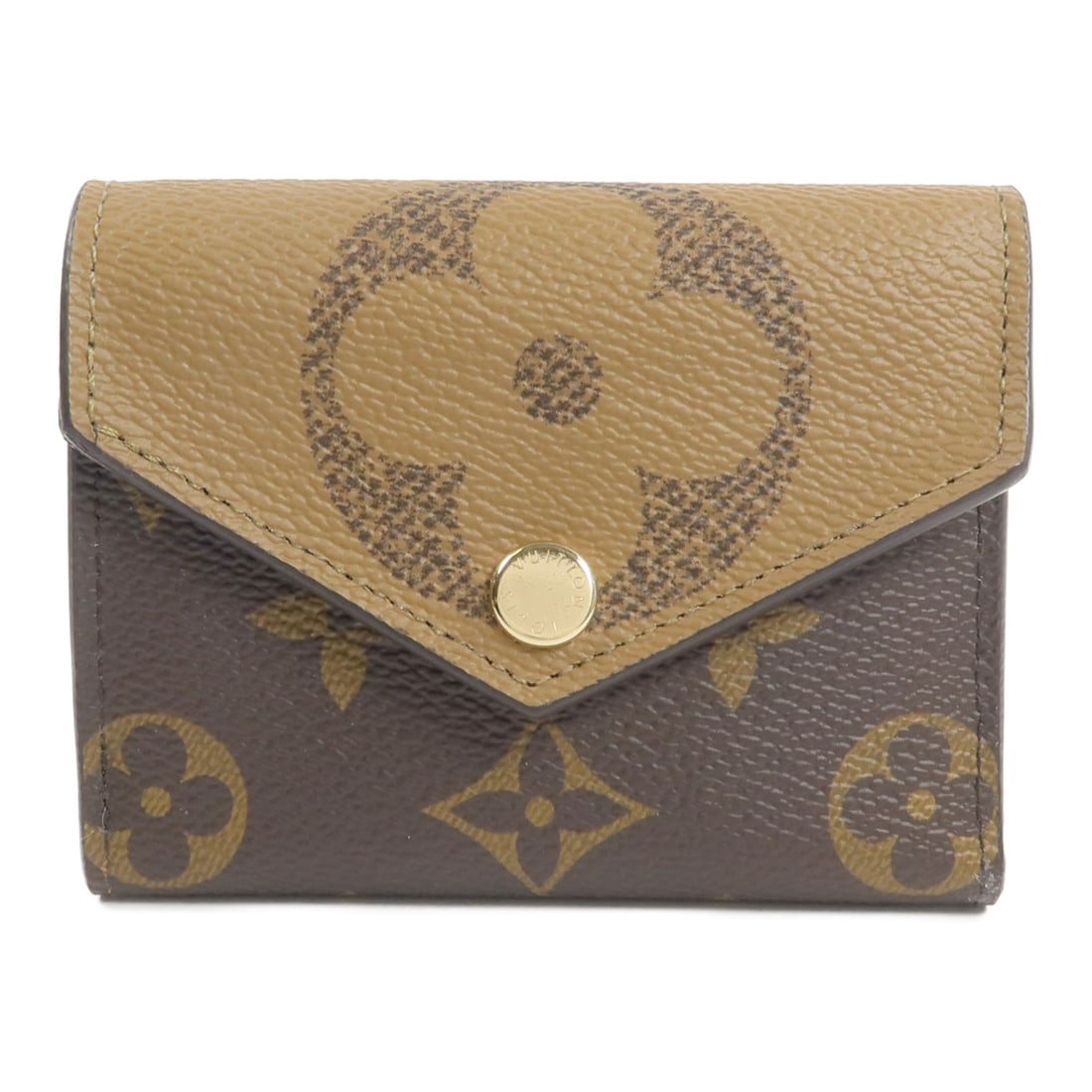Louis Vuitton Zoe M80725 Tri Fold Wallet Monogram Reverse Brown: Louis Vuitton Zoe M80725 Tri Fold Wallet Monogram Reverse Brown Louis Vuitton Zoe tri-fold wallet in Monogram Reverse PVC coated canvas with a brown colorway. This women's wallet features a compact fo