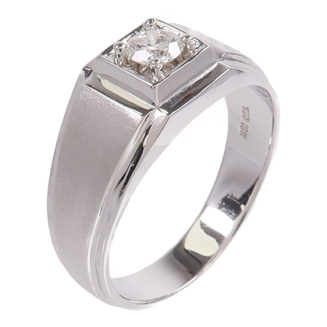 18K White Gold Diamond Ring US Size 11.25: 18K White Gold Diamond Ring US Size 11.25 Diamond ring in 18K white gold with diamond accents. The ring is size US 11.25 and has a clear color presentation. It features a ring width of 4-10 mm and a m