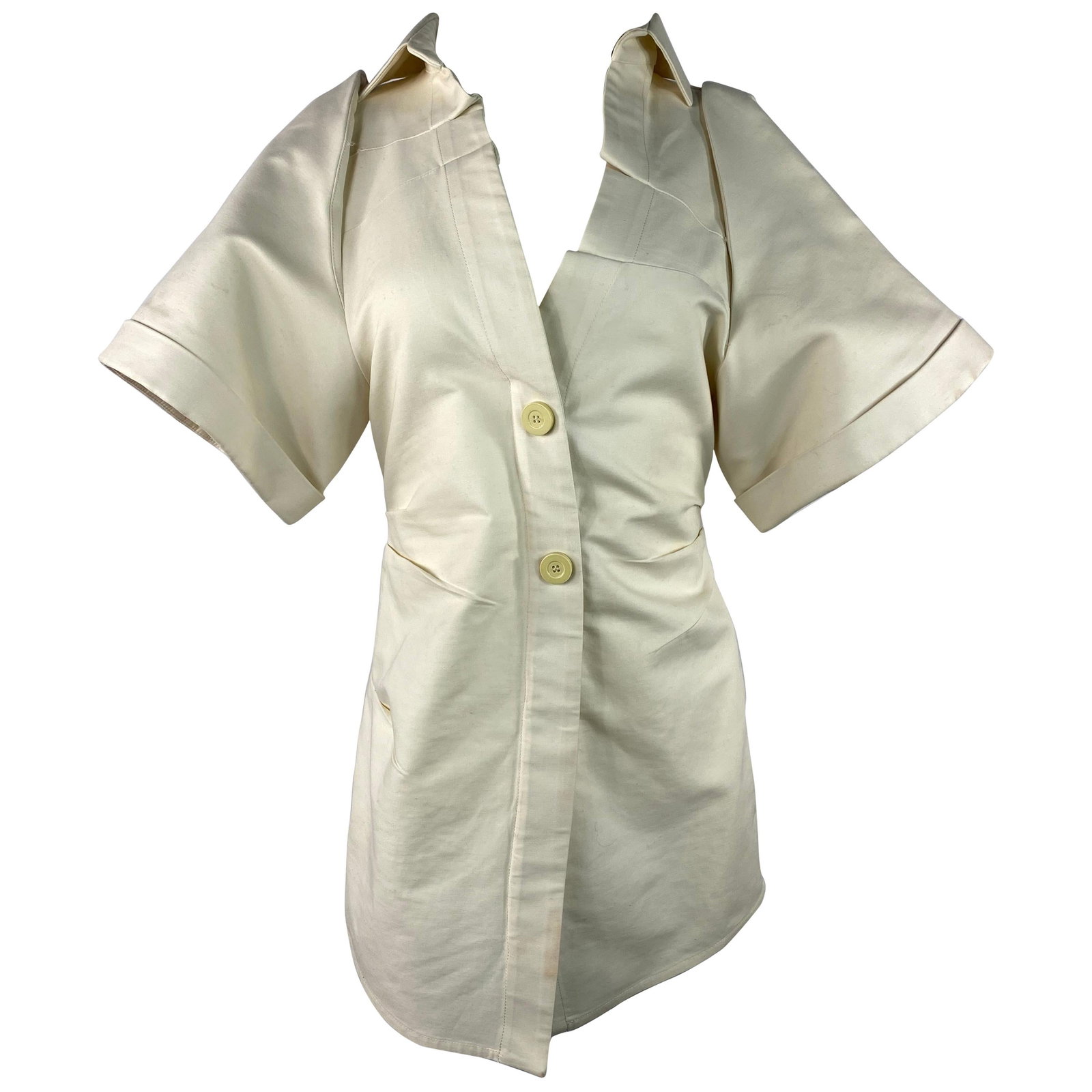 Jacquemus cotton V neck shirt top in cream ivory EU 40: Jacquemus cotton V neck shirt top in cream ivory EU 40 Jacquemus cream and ivory cotton shirt top with a collar, V-neckline, and wide short sleeves. The design features two front button closures and a