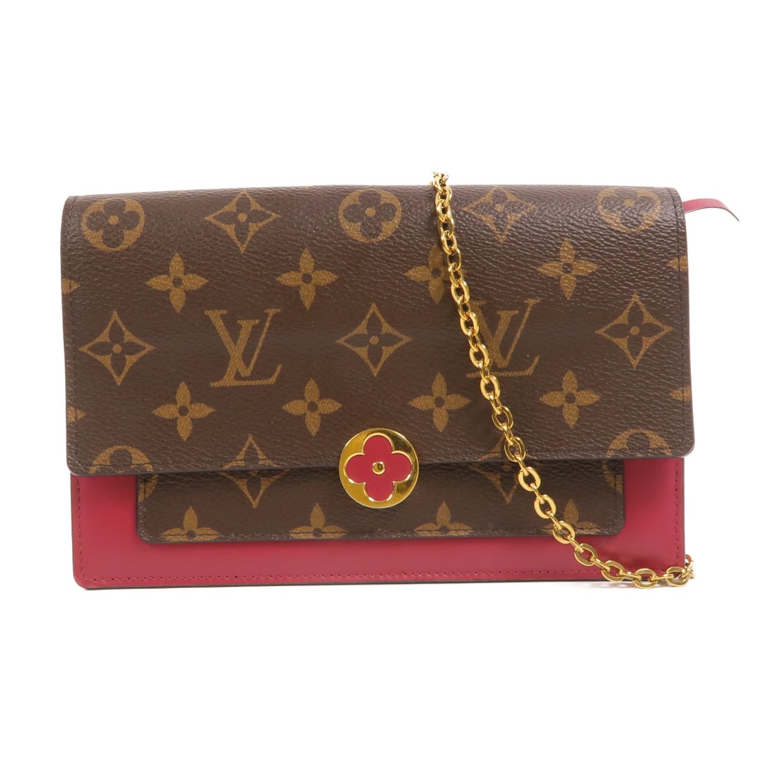 Louis Vuitton Portefeuille Flore Chain Shoulder Bag M69578 Monogram Brown: Louis Vuitton Portefeuille Flore Chain Shoulder Bag M69578 Monogram Brown Louis Vuitton Portefeuille Flore Chain Shoulder Bag, model M69578, in brown, red, and rose red. It is made of Monogram and PVC