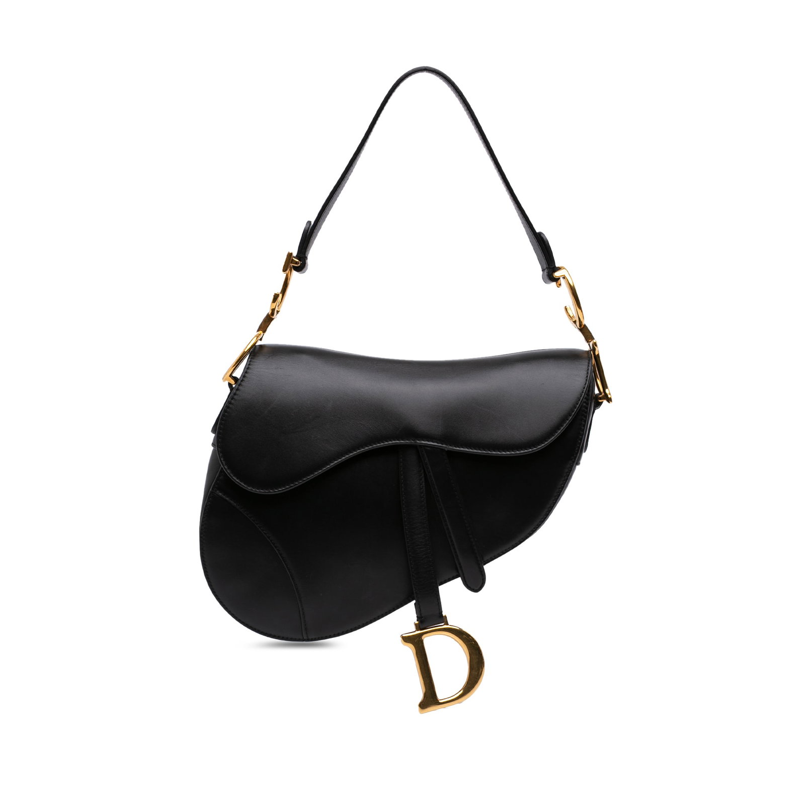 Dior Saddle Shoulder Bag in Black Smooth Calfskin Leather: Dior Saddle Shoulder Bag in Black Smooth Calfskin Leather Dior Smooth Calfskin Saddle Bag in black leather with a flat shoulder strap, front flap with magnetic closure, exterior back slip pocket, and 