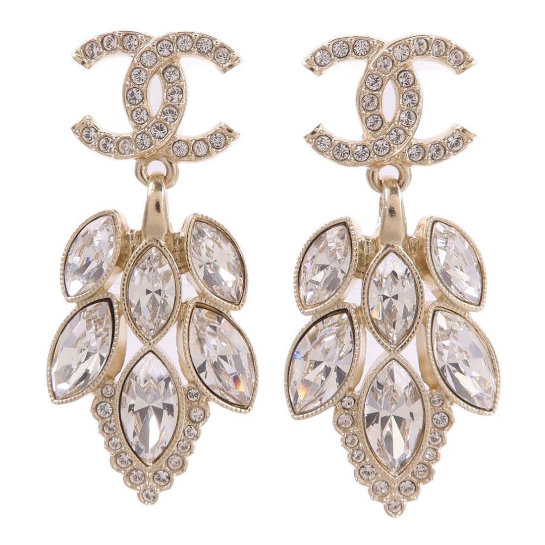 CHANEL CC Pierced Earrings Gold Clear Silver Tone Metal: CHANEL CC Pierced Earrings Gold Clear Silver Tone Metal CHANEL CC pierced earrings in metal with a gold and clear color design. Includes a storage box. Condition is AB: Very Good. Specifications Brand