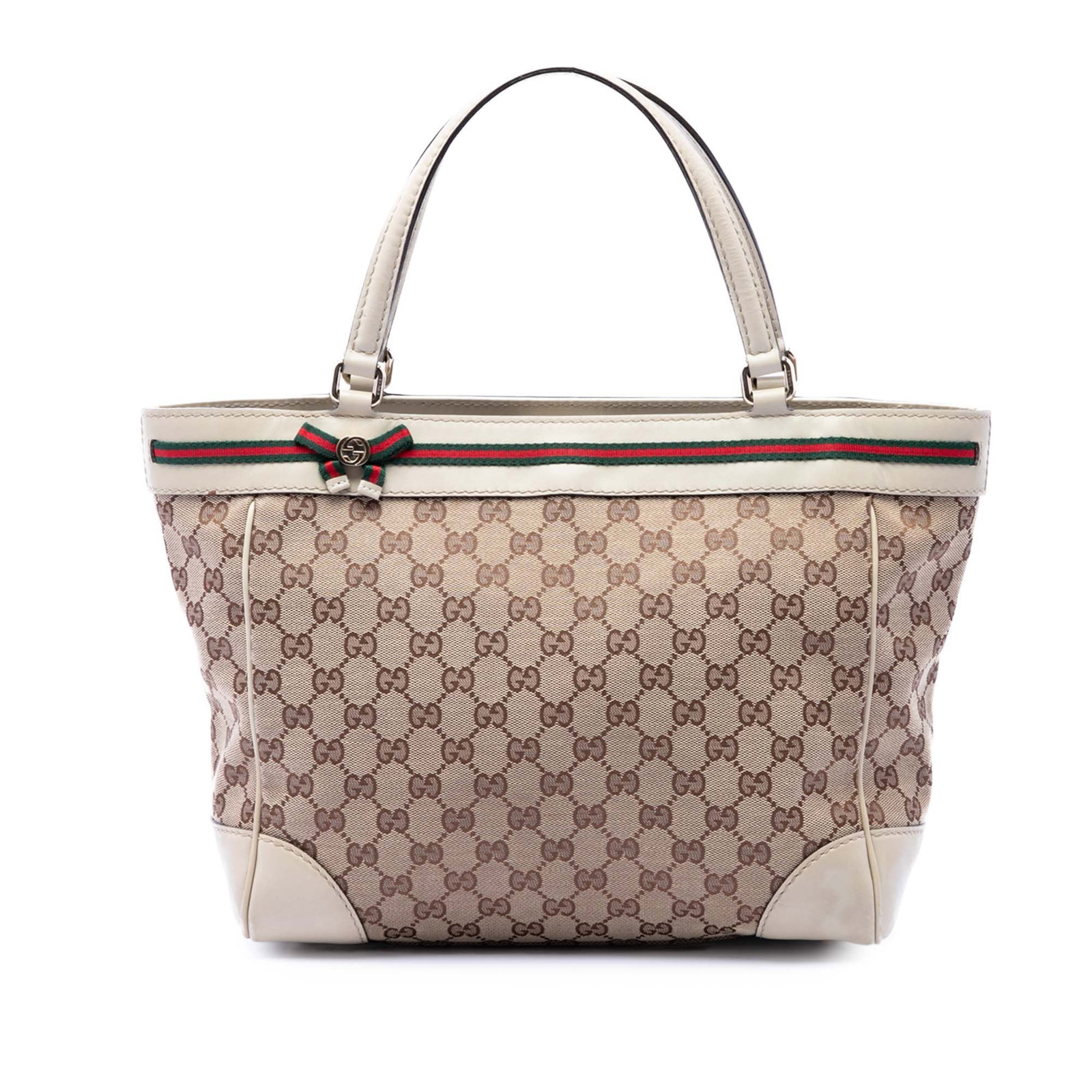 Gucci Mayfair Web Tote in GG Canvas with Leather Trim: Gucci Mayfair Web Tote in GG Canvas with Leather Trim Gucci Mayfair tote bag in beige GG canvas with leather trim and flat leather straps. The bag features an open top with a magnetic snap button clos
