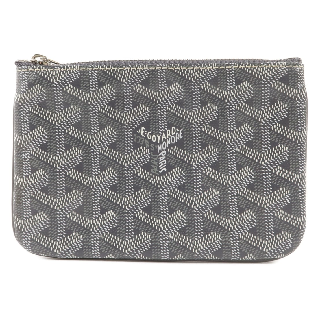 GOYARD Pochette Senat Mini Gray PVC Coated Canvas Coin Purse: GOYARD Pochette Senat Mini Gray PVC Coated Canvas Coin Purse Goyard Senat Mini pochette coin purse in gray PVC coated canvas. This women's pouch features a slim profile with a fastener pocket and one 