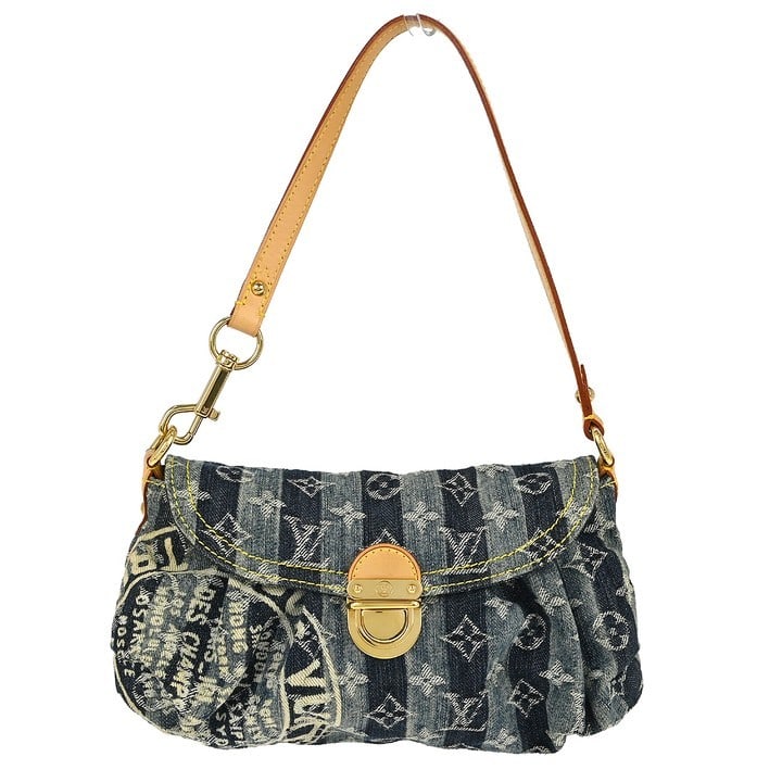 Louis Vuitton Mini Pleaty Blue Monogram Denim Top Handle Bag M95333: Louis Vuitton Mini Pleaty Blue Monogram Denim Top Handle Bag M95333 Louis Vuitton Mini Pleaty Raye handbag in blue Monogram denim canvas with leather trim. This women's small top-handle bag features a