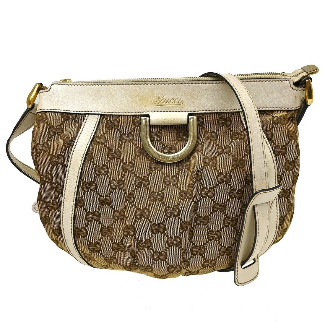 Gucci Abbey Medium Shoulder Bag Beige Canvas Leather D Ring 203257 200047: Gucci Abbey Medium Shoulder Bag Beige Canvas Leather D Ring 203257 200047 Gucci Abbey shoulder bag in beige canvas and leather, made in Italy. This medium-sized vintage bag features an ivory handle/st