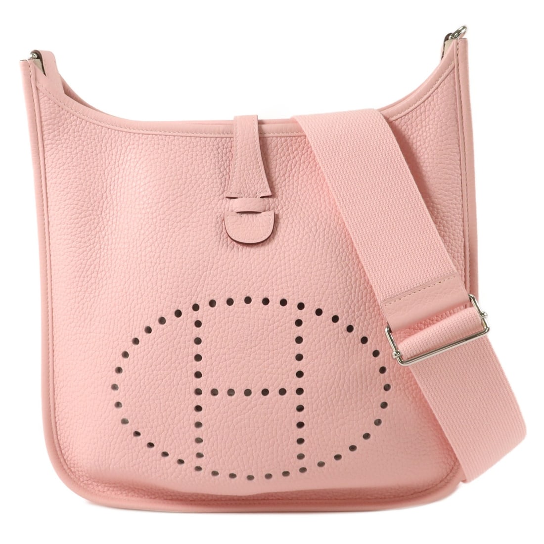 Hermes Evelyne PM Clemence Leather Shoulder Bag Rose Sakura PHW: Hermes Evelyne PM Clemence Leather Shoulder Bag Rose Sakura PHW Hermes Evelyne PM shoulder bag in Rose Sakura Taurillon Clemence and calfskin with palladium-tone hardware. This women's bag features an