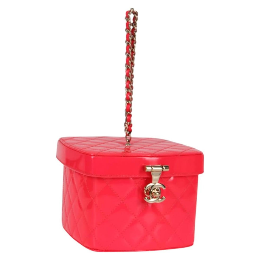 CHANEL Matelasse Enamel Vanity Pouch Pink Gold CC: CHANEL Matelasse Enamel Vanity Pouch Pink Gold CC Chanel Matelasse vanity pouch in pink and gold enamel. This women's pouch is made in France and includes a dust bag and guarantee card. Condition is A