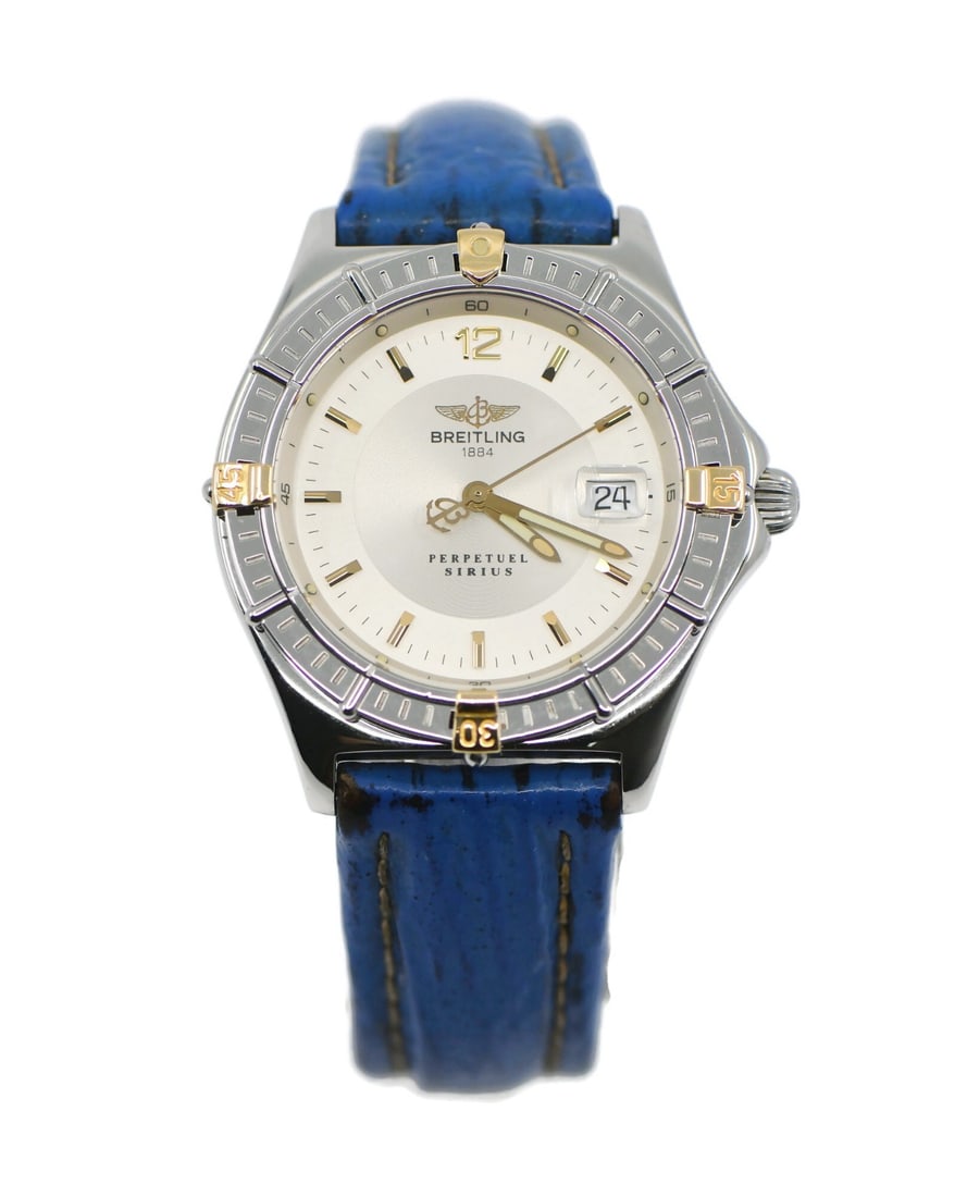 Breitling Sirius Perpetual mens quartz watch ref B62011 box papers: Breitling Sirius Perpetual mens quartz watch ref B62011 box papers Pre-owned Breitling Sirius Perpetual men's wristwatch with a quartz movement and analog display. This two-tone model features a white