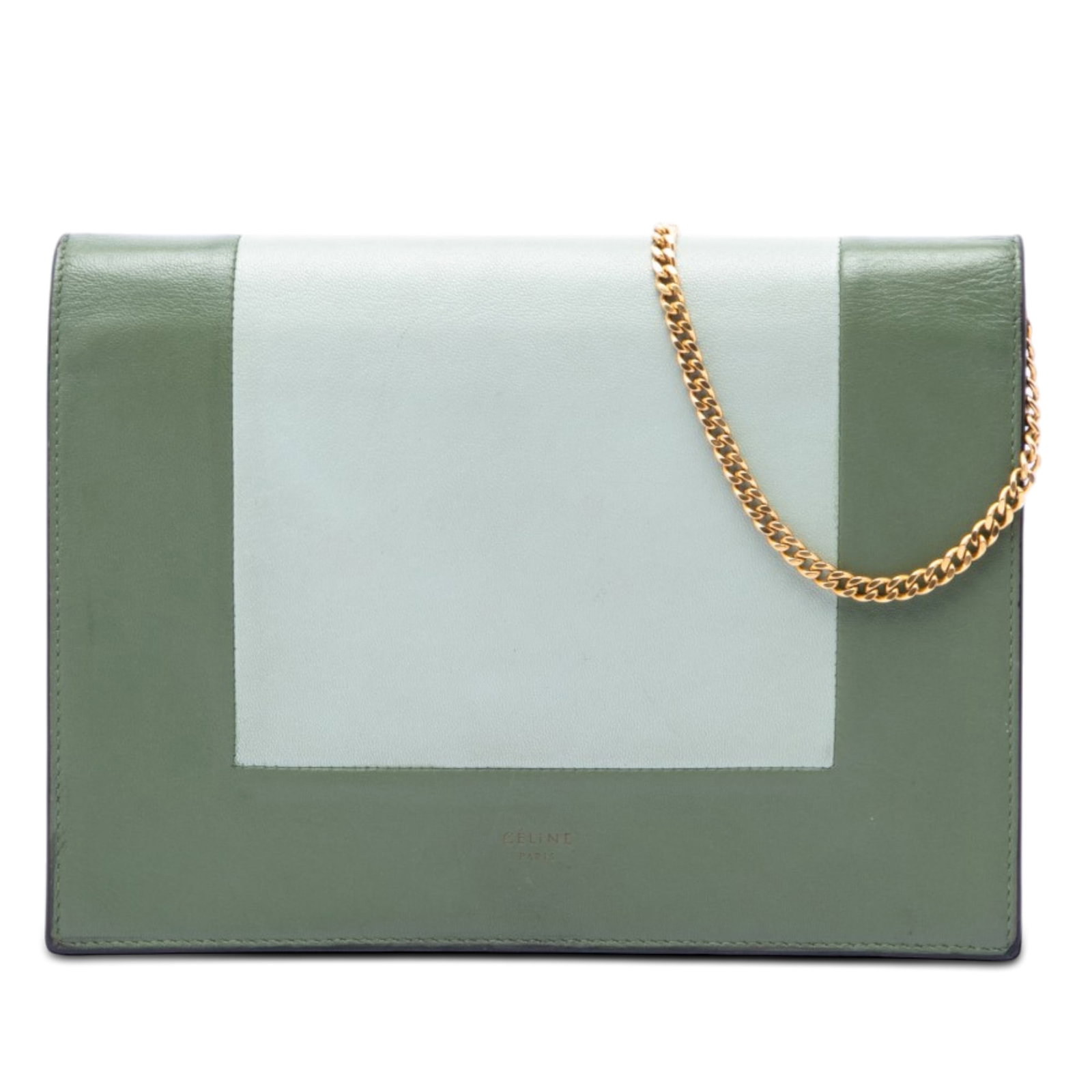 Celine Frame Wallet on Chain Green Bicolor Leather Crossbody: Celine Frame Wallet on Chain Green Bicolor Leather Crossbody Celine Frame wallet on chain crafted in bicolor leather with a structured crossbody design. It features a chain link strap, a front flap wi