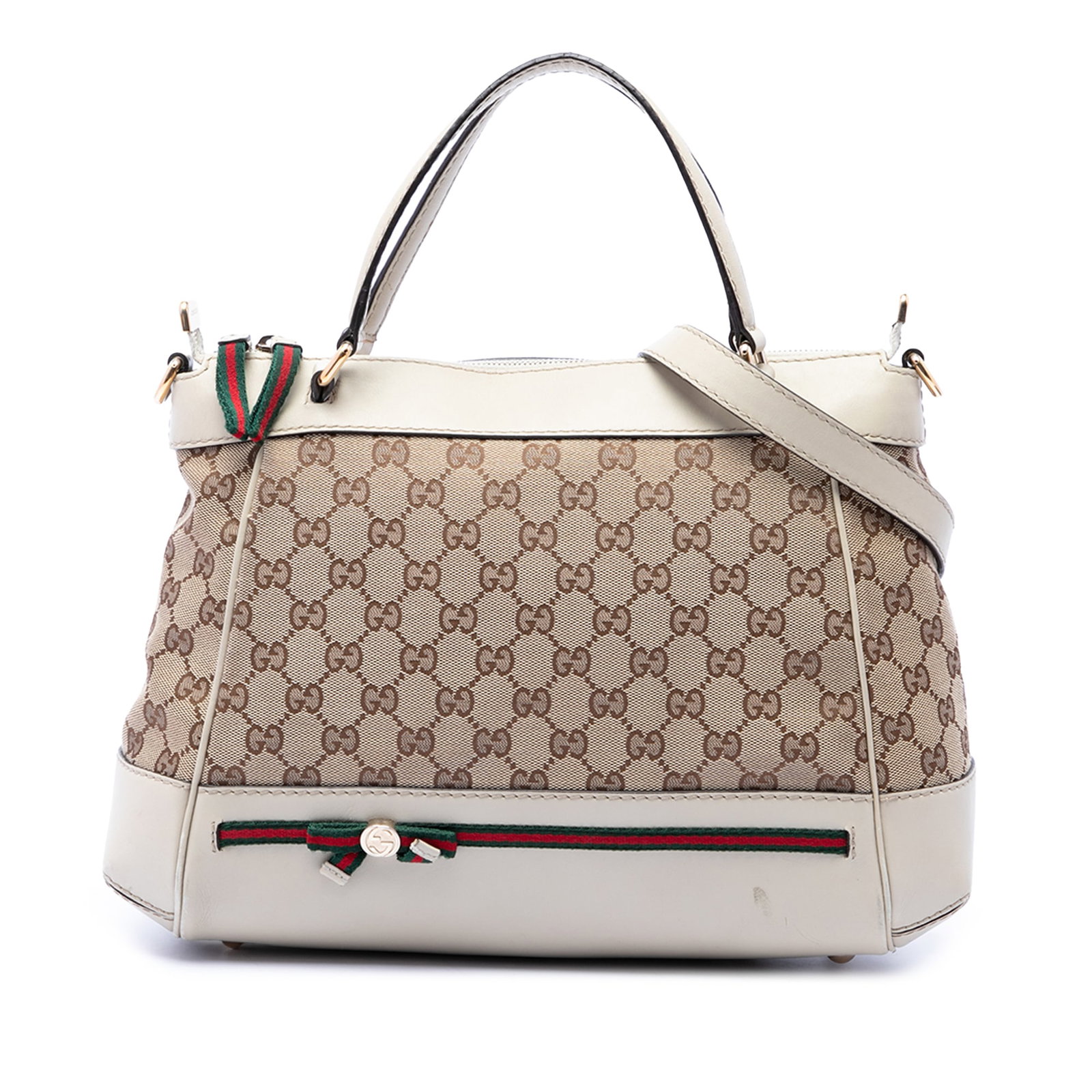 Gucci Mayfair Satchel in Beige GG Canvas with Web Stripe: Gucci Mayfair Satchel in Beige GG Canvas with Web Stripe Gucci GG Canvas Web Mayfair Satchel with a canvas body and leather trim. This satchel features flat leather handles, a detachable flat leather 