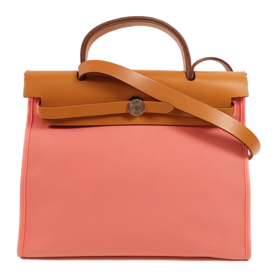 Hermes Herbag PM canvas 2 way shoulder bag Rose Azalee PHW: Hermes Herbag PM canvas 2 way shoulder bag Rose Azalee PHW Hermes Herbag PM 2-way shoulder handbag in Rose Azalee pink canvas. This women's bag features a structured design with top handles and a shou