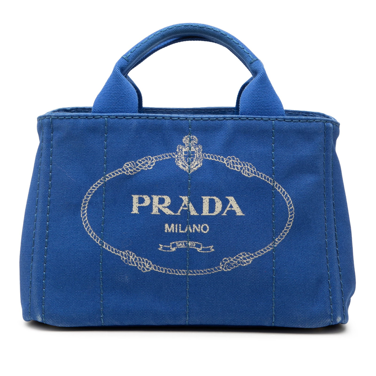 Prada Canapa Small Blue Canvas Tote Bag: Prada Canapa Small Blue Canvas Tote Bag Prada Small Canvas Canapa Logo Tote satchel in blue fabric with a canvas body, rolled handles, and an open top. The interior includes zip and slip pockets. Made