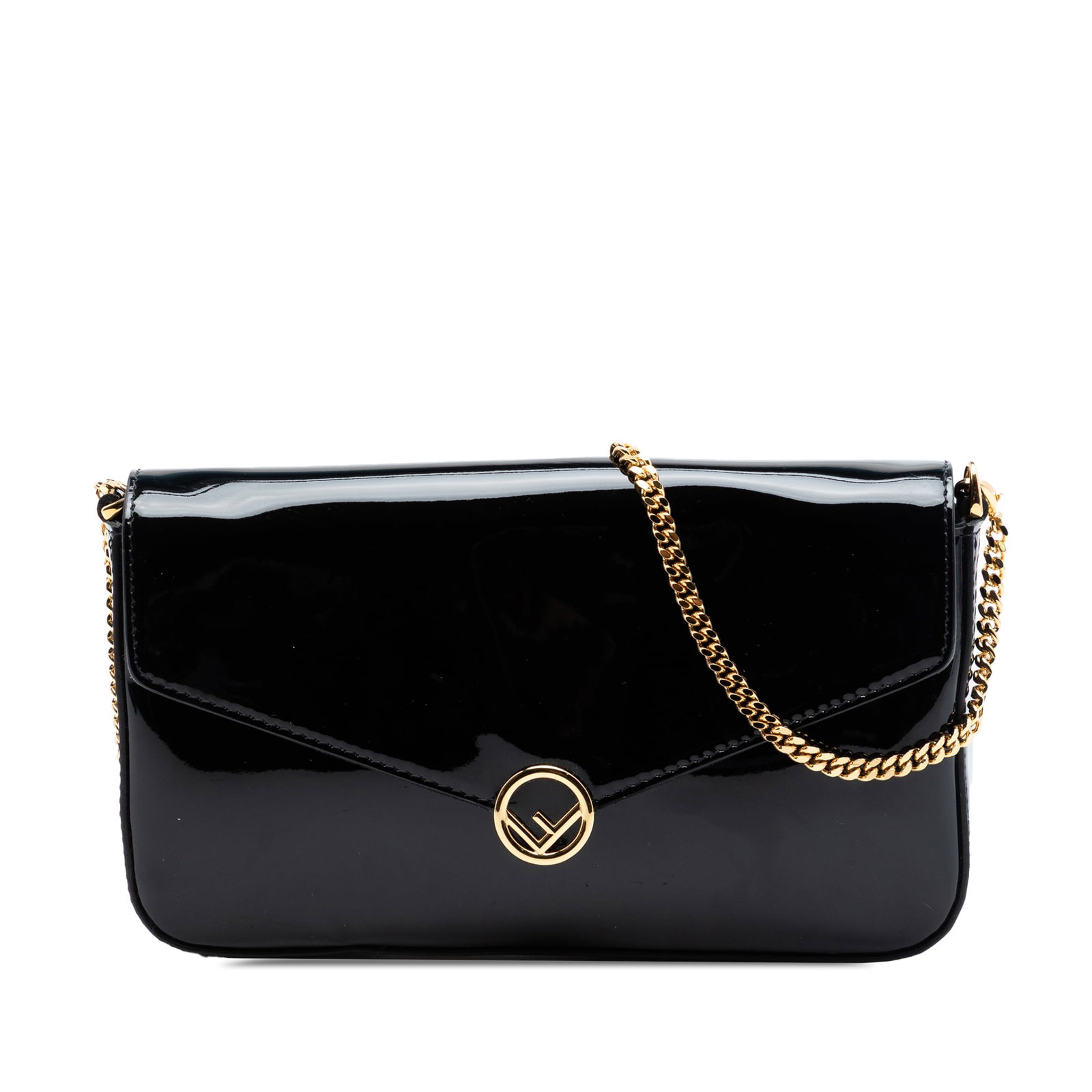 Fendi F Is Fendi patent leather wallet on chain black: Fendi F Is Fendi patent leather wallet on chain black A Fendi Patent F Is Fendi Envelope Wallet On Chain in black patent leather. This wallet on chain features a detachable chain link strap, a front f