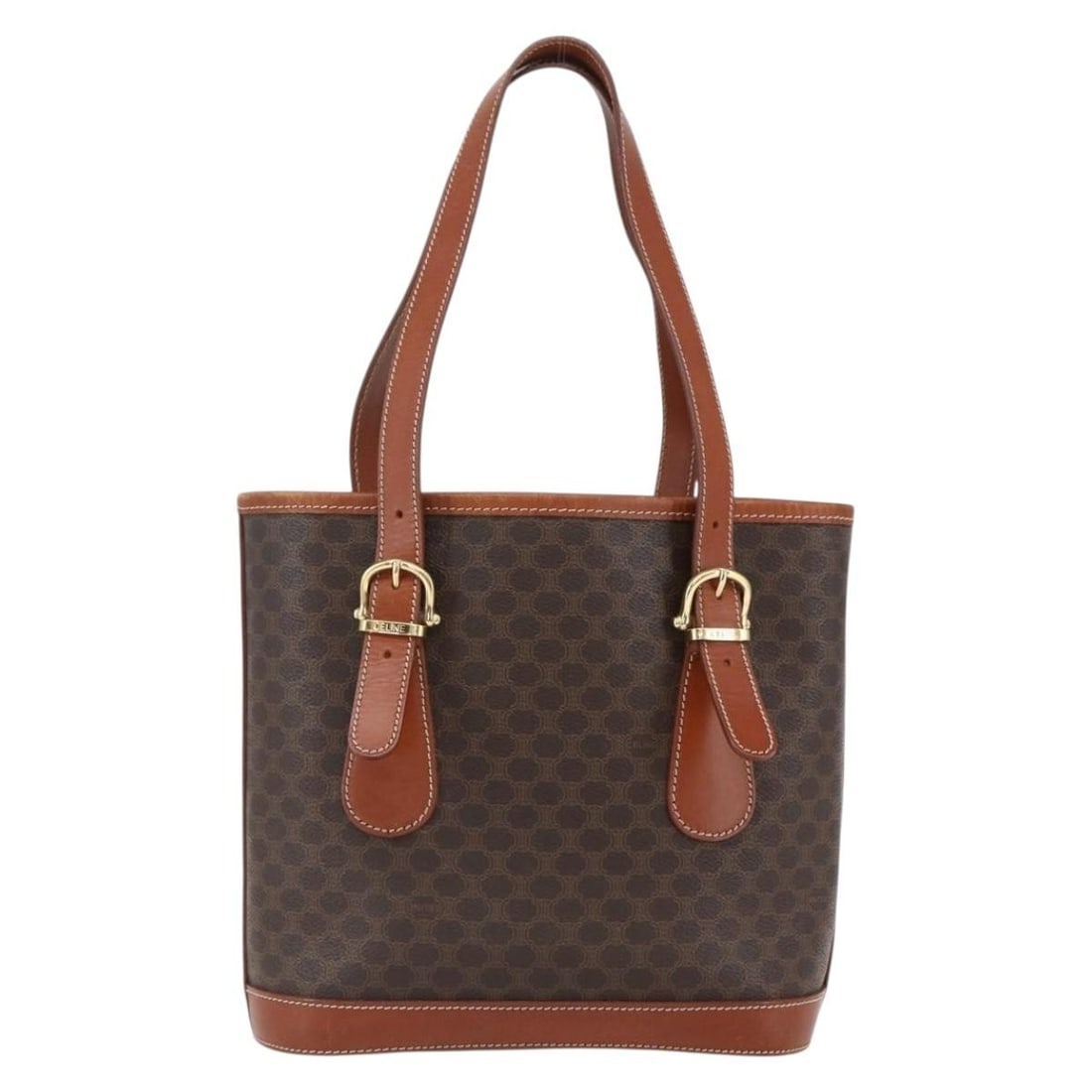 Celine Macadam Brown Canvas and Leather Vintage Handbag: Celine Macadam Brown Canvas and Leather Vintage Handbag This Celine Vintage Macadam handbag features a classic brown canvas exterior with leather accents. Designed for women, the bag displays the icon