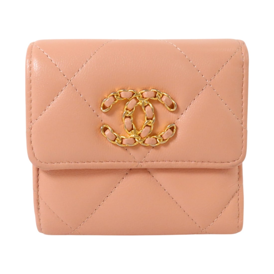 CHANEL Chanel 19 AP1064 Small Pink Lambskin Bifold Wallet: CHANEL Chanel 19 AP1064 Small Pink Lambskin Bifold Wallet Small bi-fold flap wallet in pink lambskin leather from the Chanel 19 line. The wallet features a hook button closure and an interior layout w