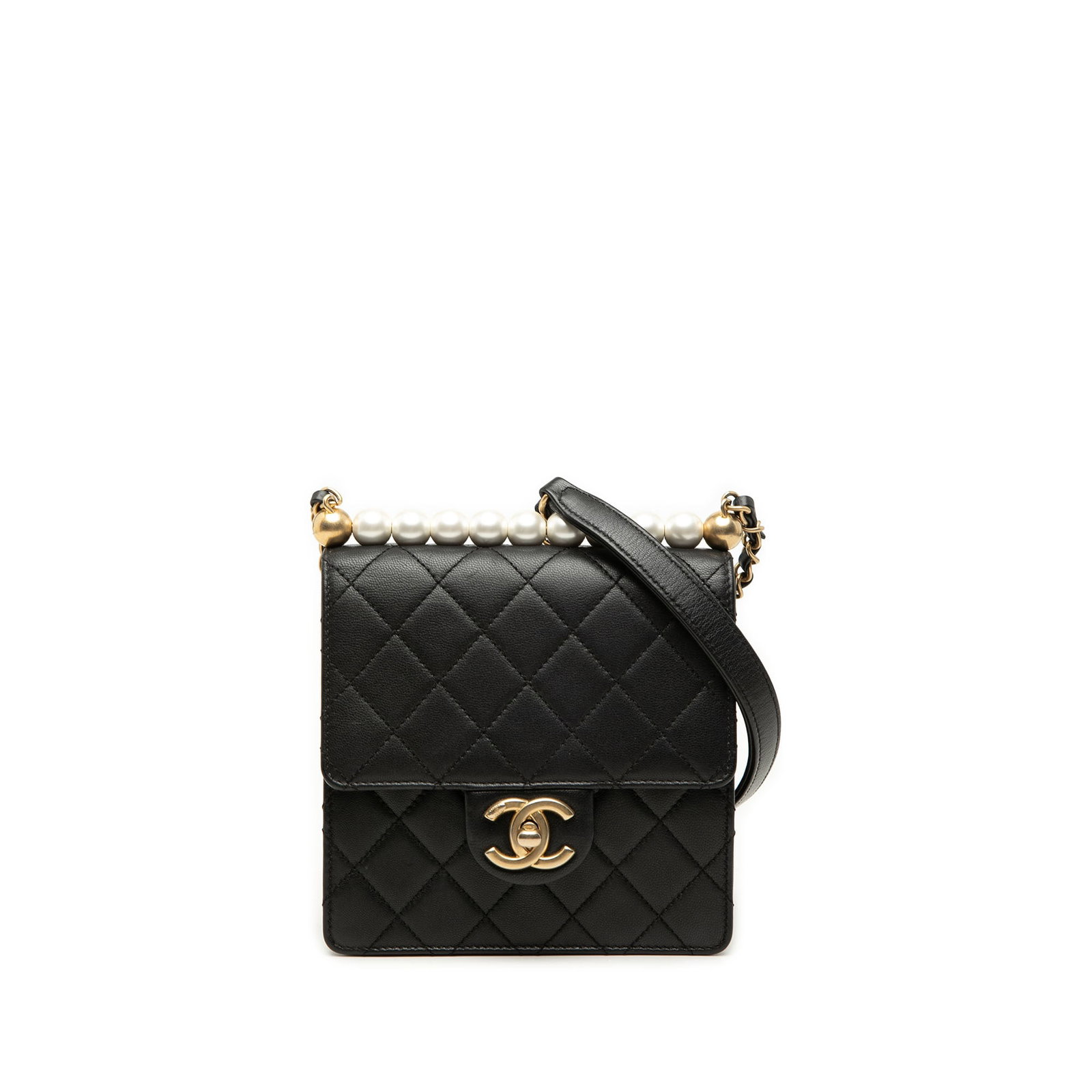 Chanel Chic Pearls Small Flap Crossbody in Black Lambskin: Chanel Chic Pearls Small Flap Crossbody in Black Lambskin Small Chanel Chic Pearls Flap crossbody bag crafted in black lambskin leather with faux pearl detailing. It features a leather-woven chain str