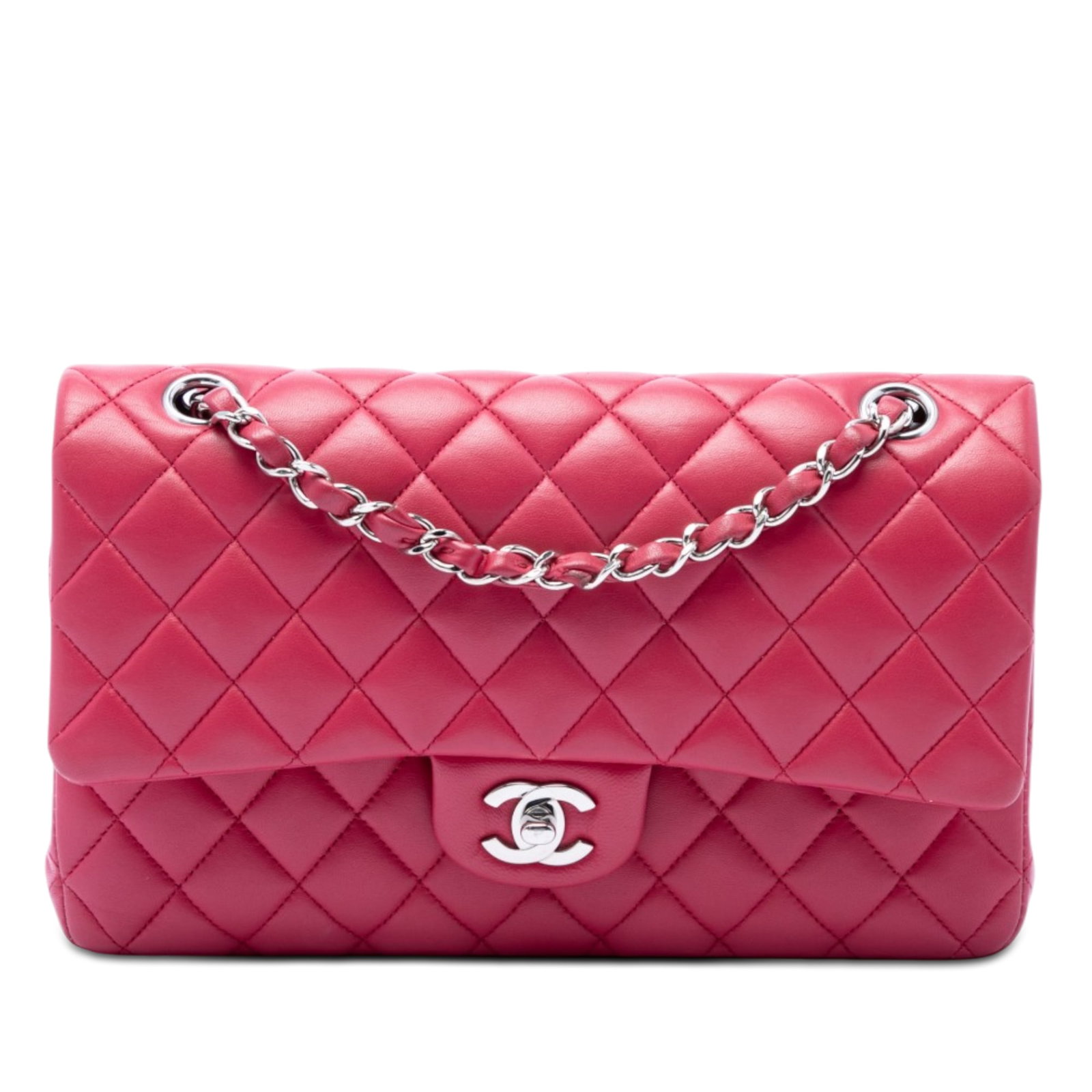 Chanel Medium Classic Double Flap Pink Lambskin Shoulder Bag: Chanel Medium Classic Double Flap Pink Lambskin Shoulder Bag Chanel Medium Classic Lambskin Double Flap shoulder bag in pink quilted lambskin. This bag features leather-woven chain straps, double fron